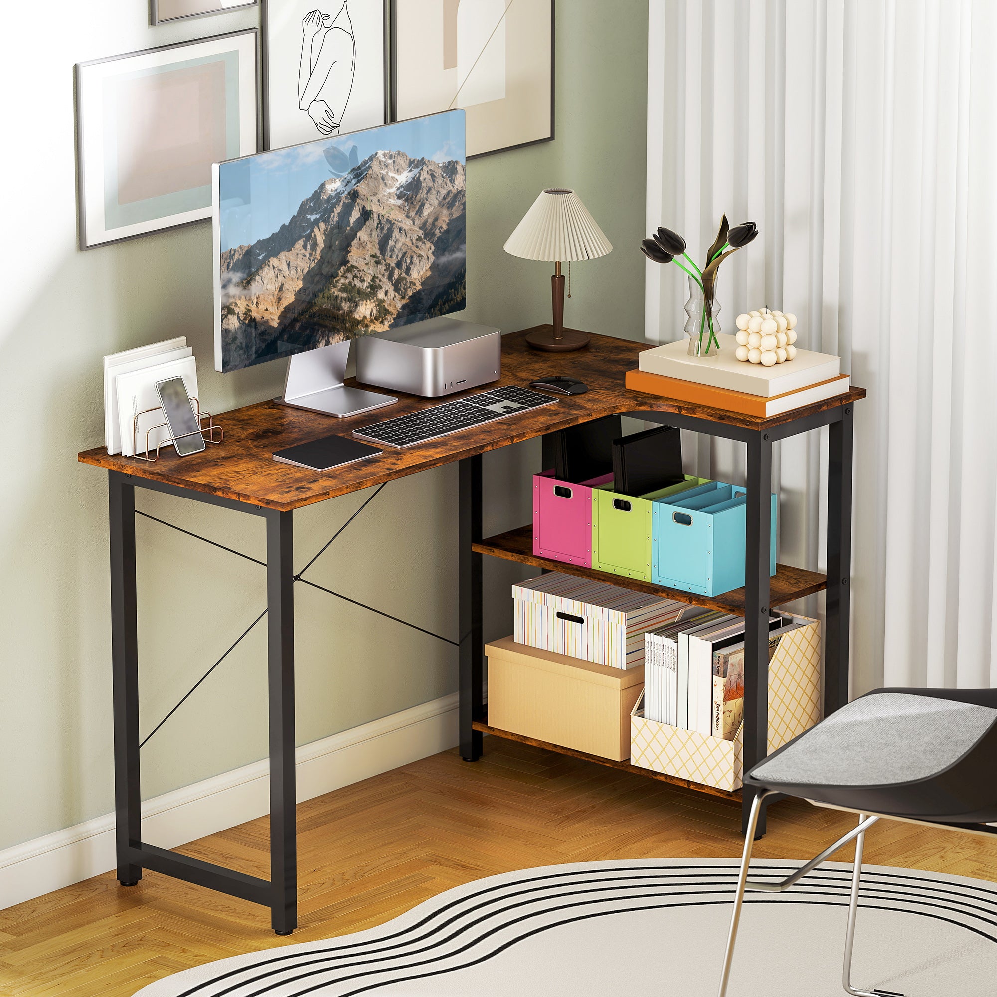 HOMCOM L Shaped Desk, Corner Computer Desk with Bookshelf for Home Office, Study Room, Workstation, 120 x 73.2 x 75cm, Rustic Brown