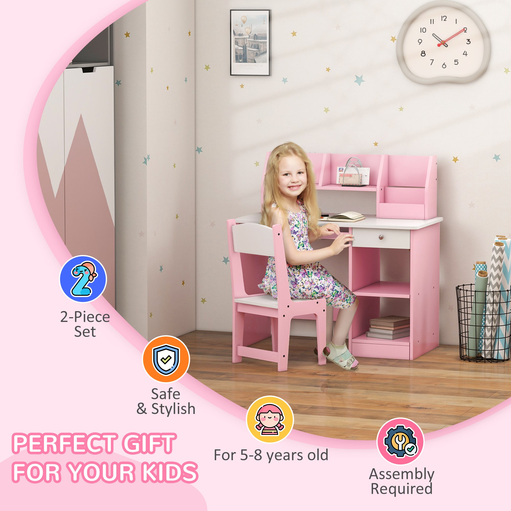 ZONEKIZ Two-Piece Kids Desk and Chair Set with Storage, for Ages 5-8 Years - Pink - North Peak Garden Furniture