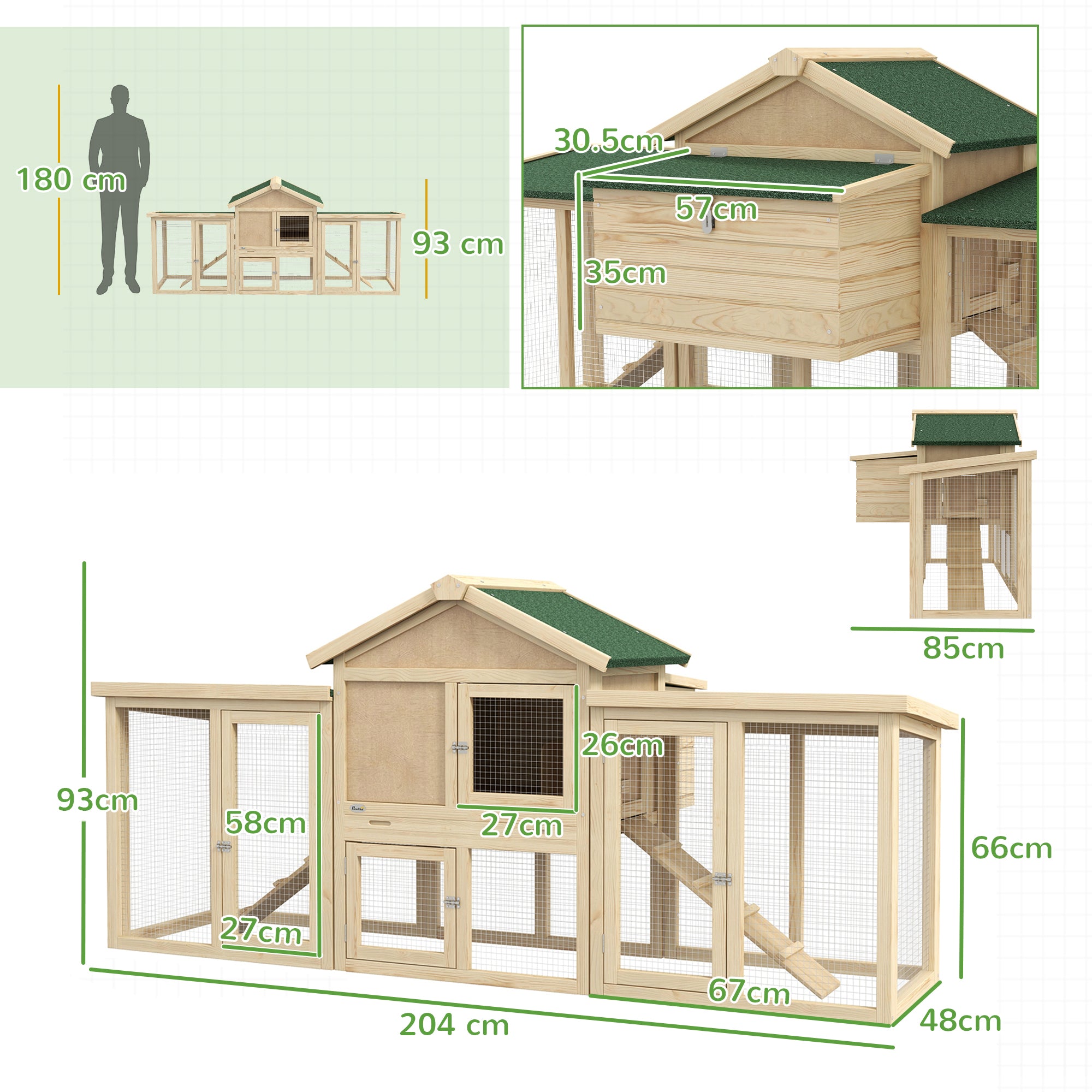PawHut Large Chicken Coop with Run Backyard Hen House Poultry Coops Cages with Nesting Box Wooden 204 x 85 x 93cm - North Peak Garden Furniture