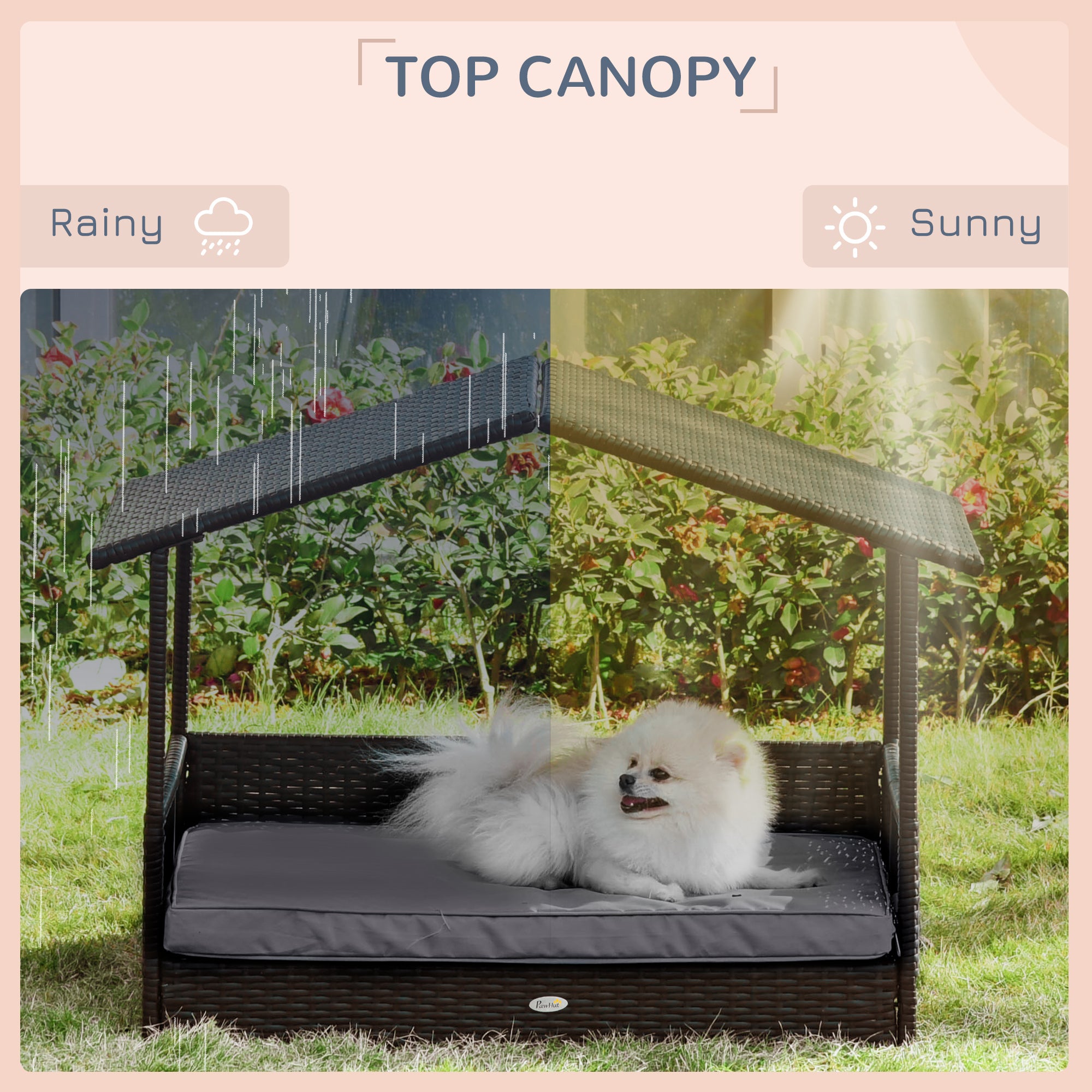 PawHut Wicker Dog Bed, Elevated Rattan Dog House with Removable Cushion and Canopy, for Small and Medium Dogs, 98 x 69 x 70cm - Grey - North Peak Garden Furniture