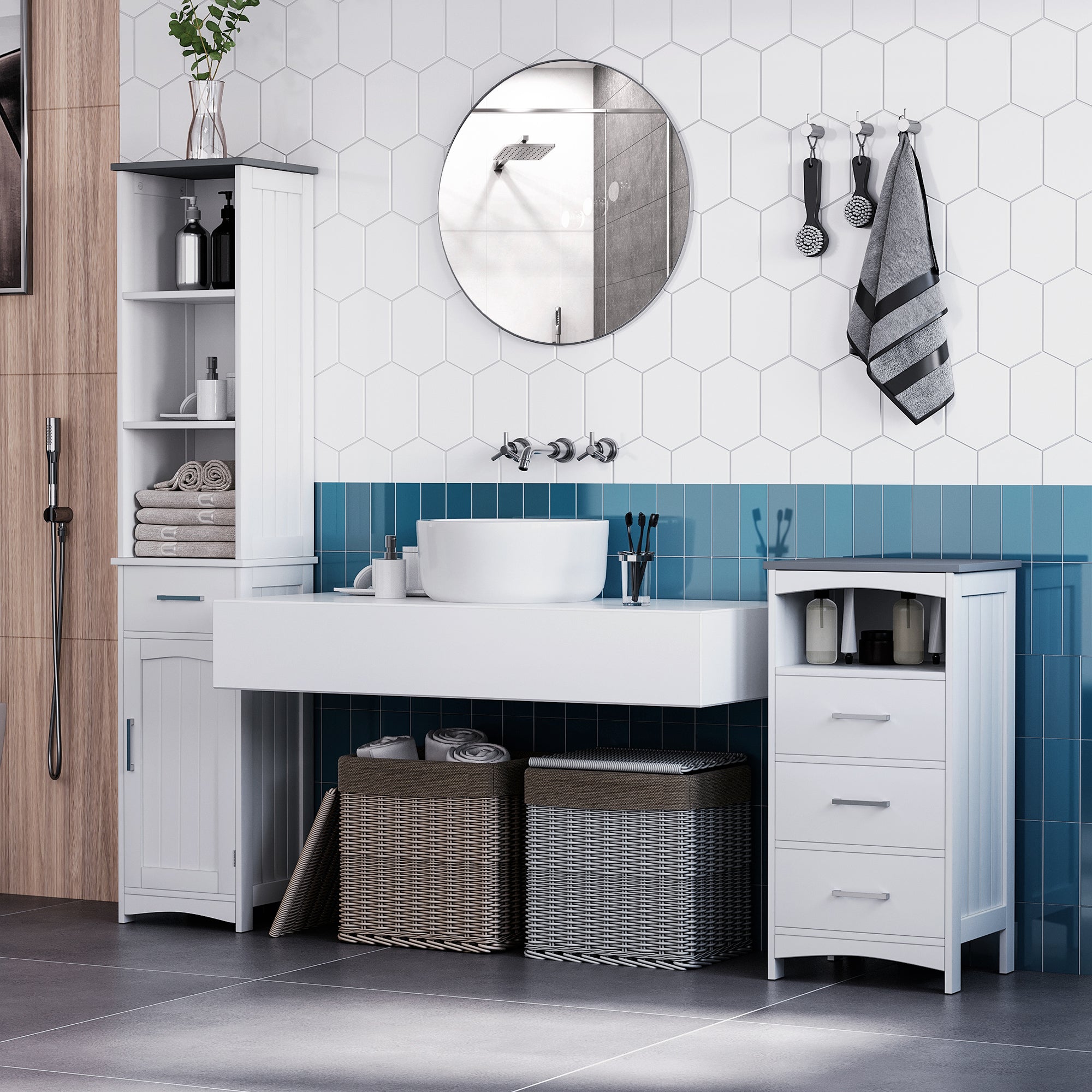 kleankin Tall Bathroom Storage Cabinet with 3 Tier Shelf, Cupboard, Drawer, Door, Freestanding Linen Tower, Slim Side Organizer, White - North Peak Garden Furniture