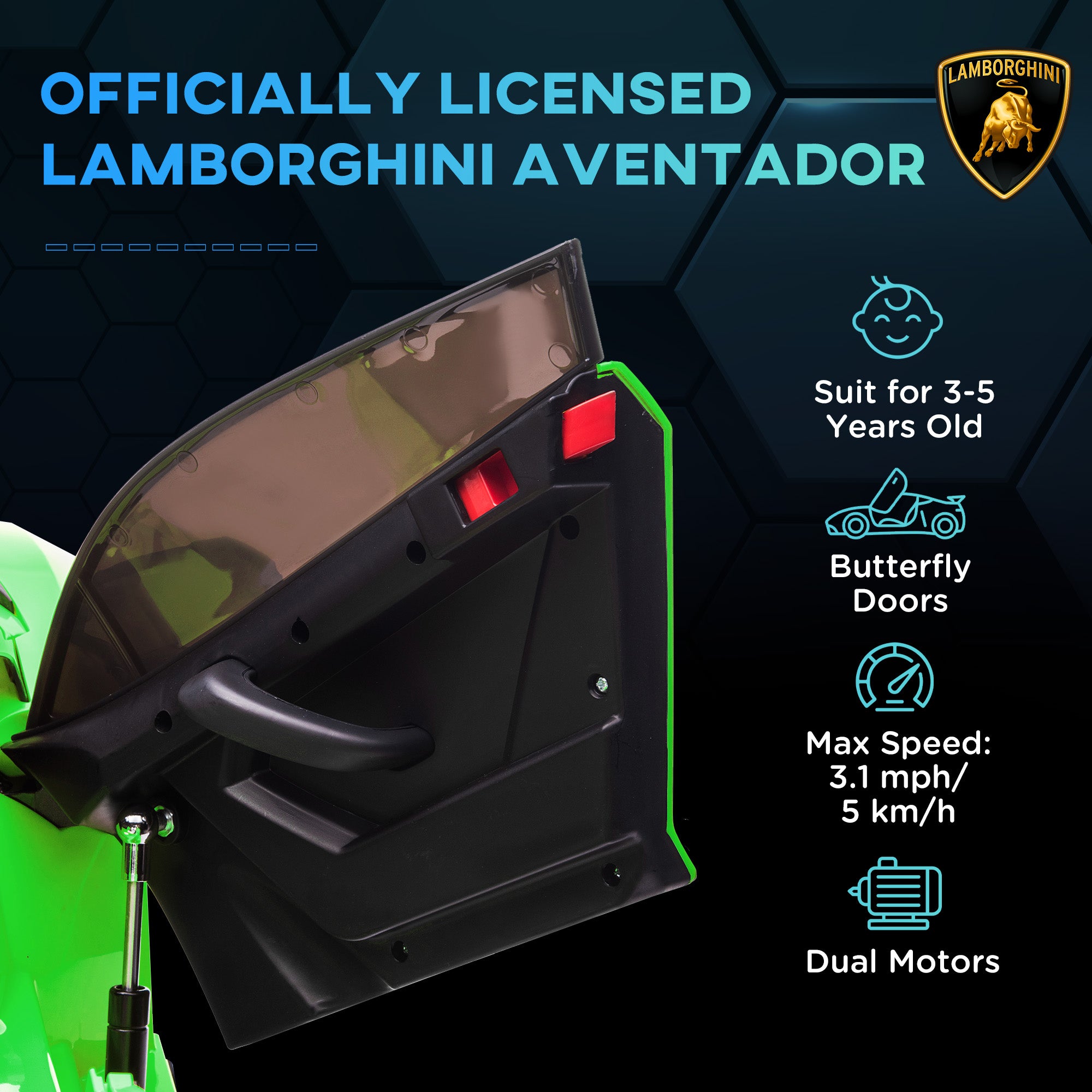HOMCOM Lamborghini Licensed 12V kids Electric Car w/ Butterfly Doors, Remote, Music, Horn, Suspension - Green - North Peak Garden Furniture