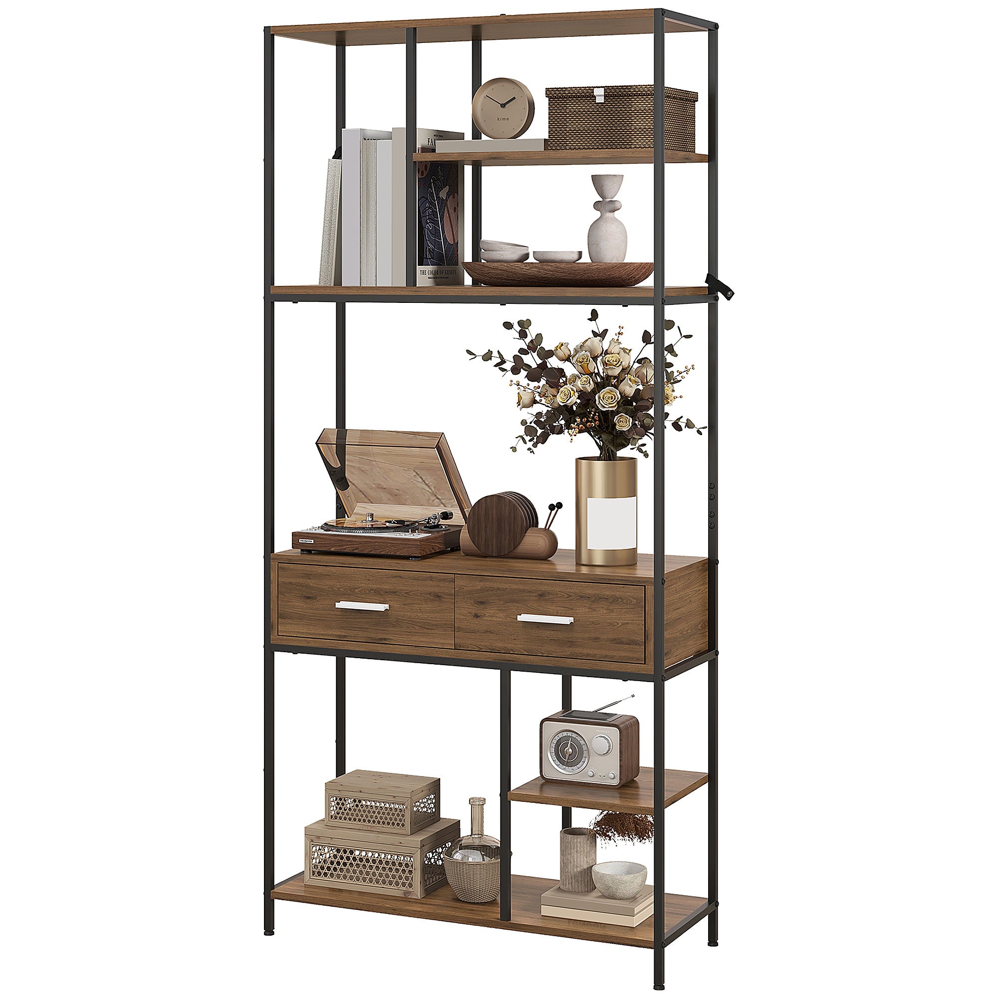 HOMCOM Seven-Shelf Industrial Display Shelf, with Drawers - Brown/Black