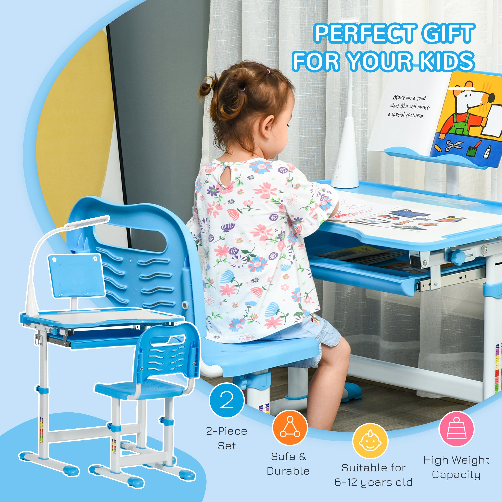 HOMCOM Kids Study Desk and Chair Set w/ Adjustable Height, Storage, Drawer, Blue - North Peak Garden Furniture