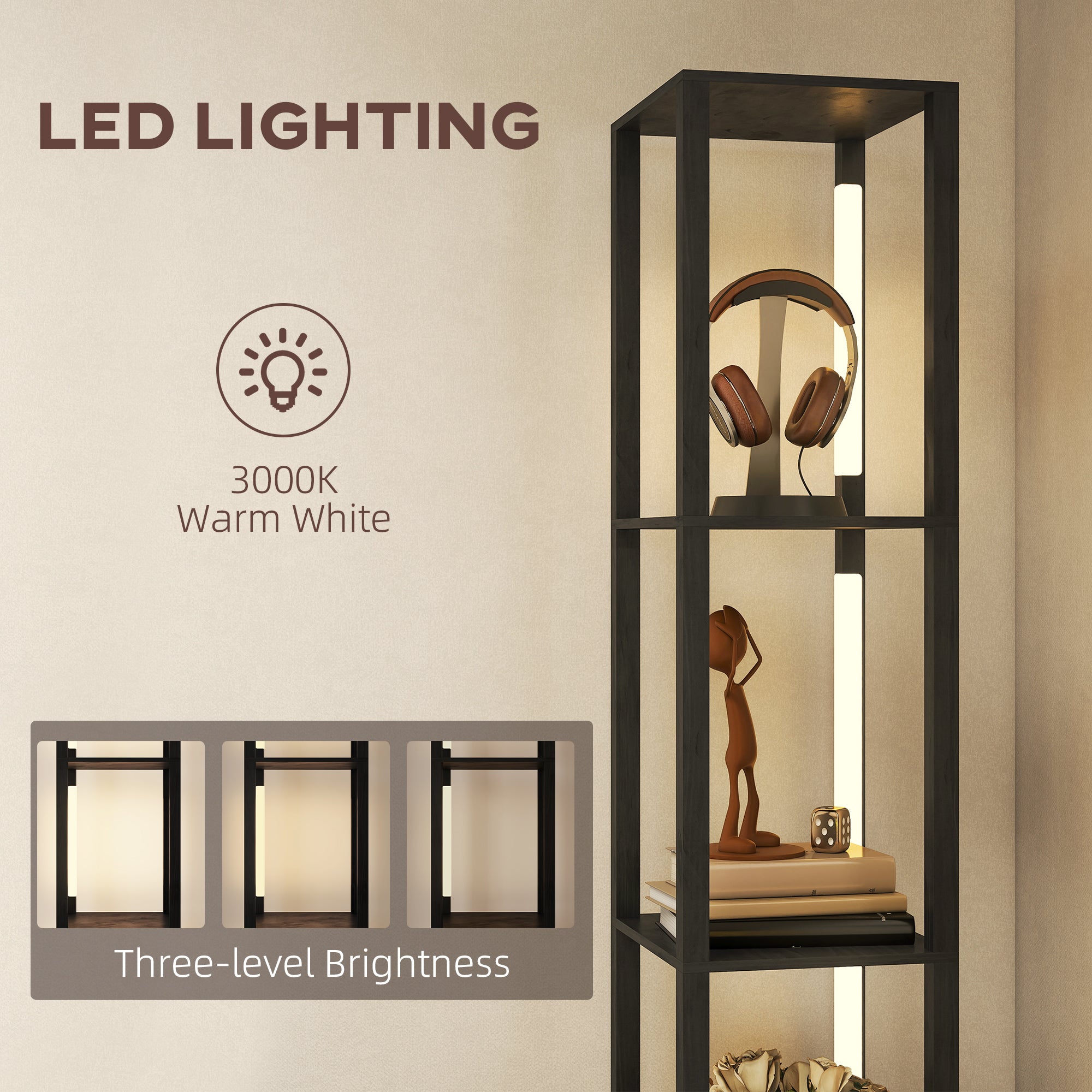 HOMCOM Floor Lamp with Shelves, LED Column Modern Standing Lamp with Fabric Drawer, Adjustable Brightness, Foot Switch for Living Room, Bedroom, Office, Black