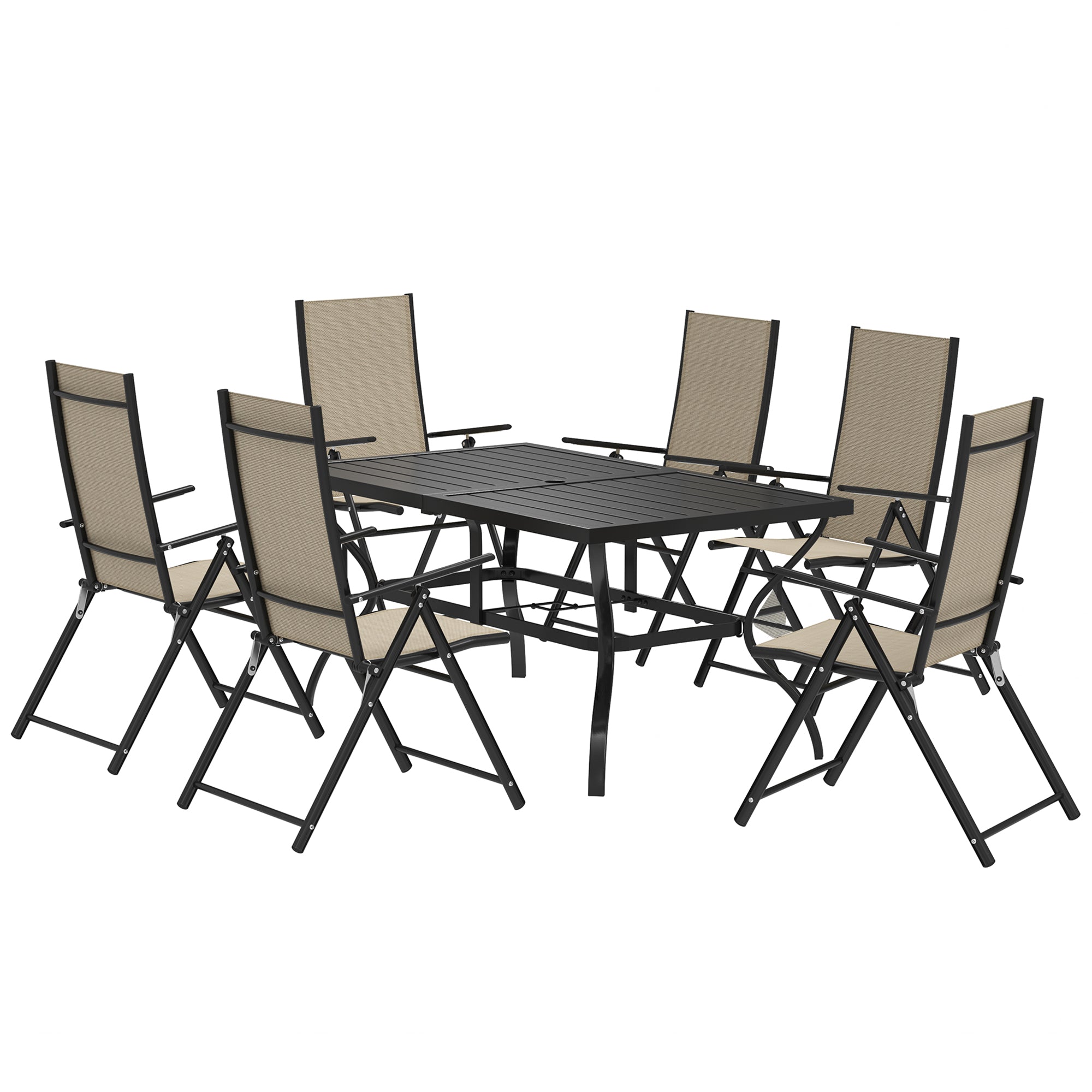 Outsunny Seven-Piece Steel Outdoor Dining Set, with Parasol Hole - Khaki - North Peak Garden Furniture
