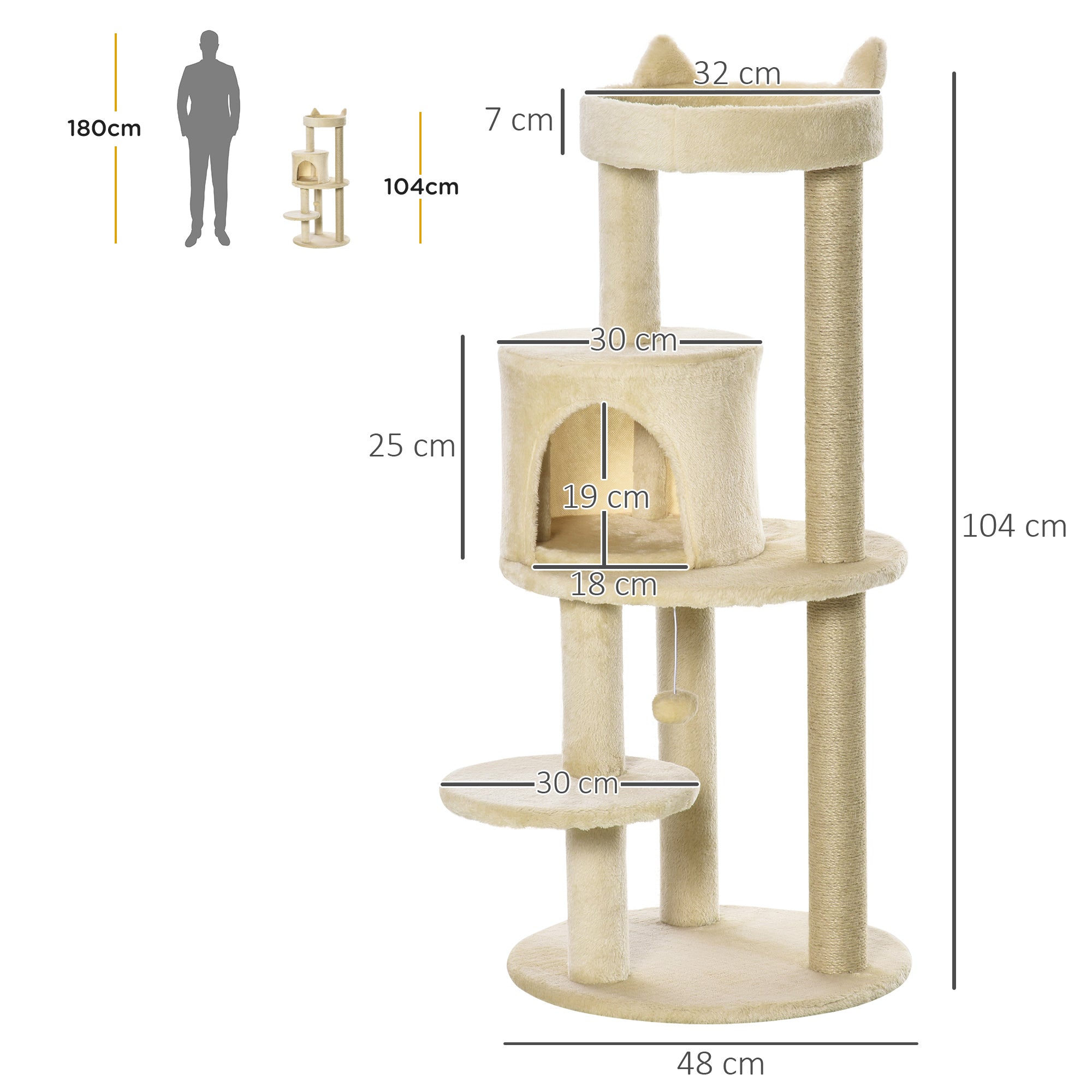 PawHut 104 cm Cat Tree, Cat Condo Tree Tower, Cat Activity Centre with Scratching Posts, Plush Perch, Hanging Ball - Cream White