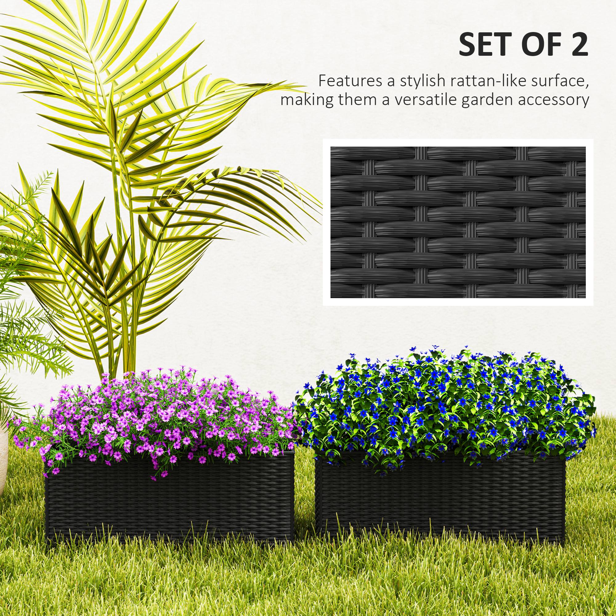 Outsunny Set of Two Rattan-Effect Planters - Black - North Peak Garden Furniture