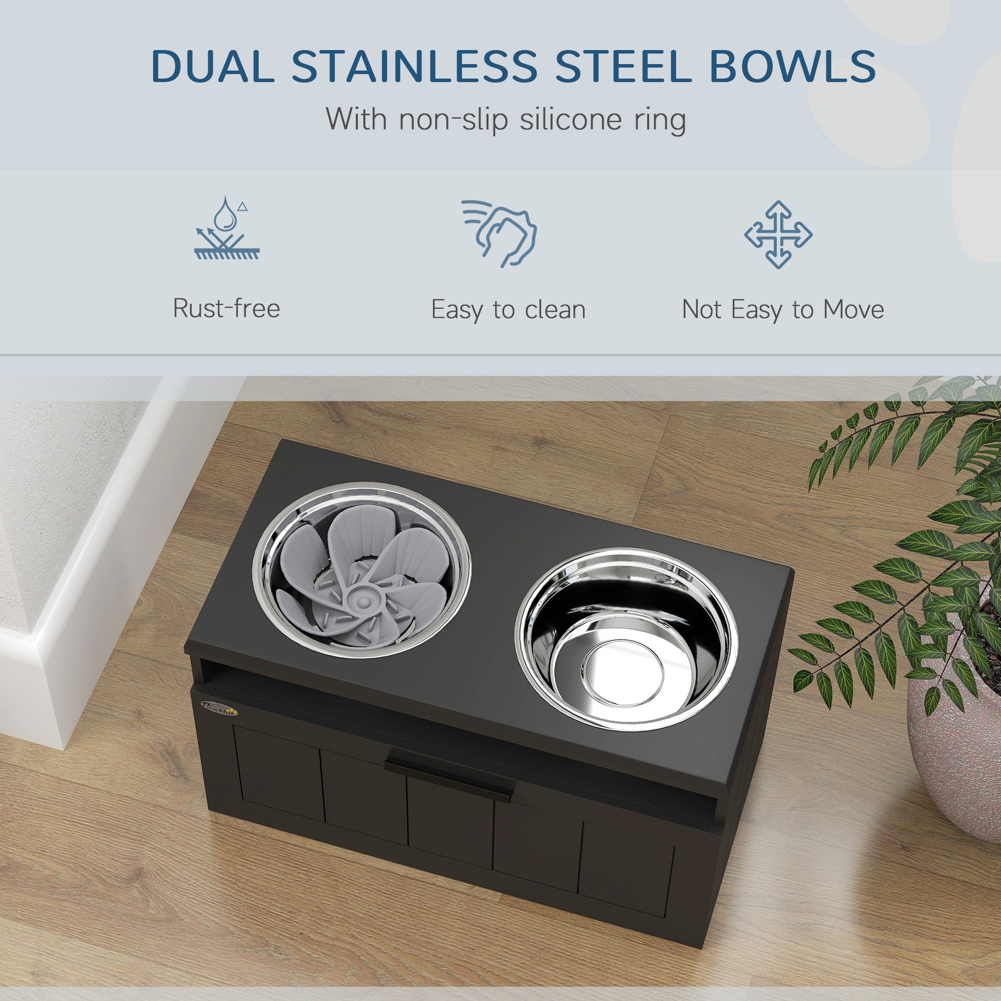 PawHut Raised Dog Bowl with Slow Feeder & 2 Stainless Steel Dog Bowl, 25L Storage Drawer, for Large & Extra Large Dogs, Black - North Peak Garden Furniture