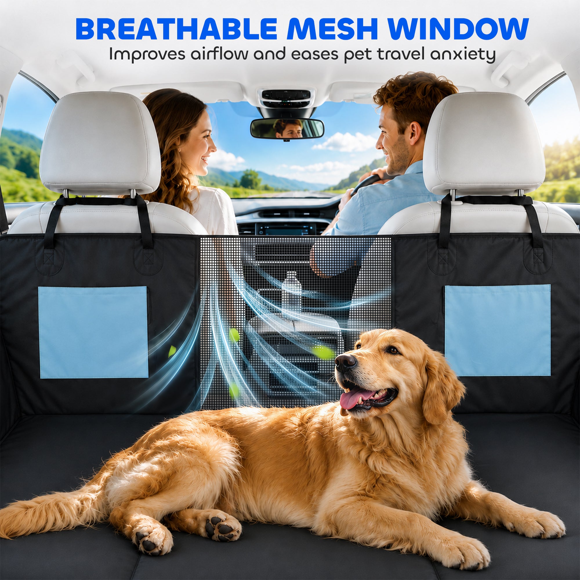 PawHut Dog Car Seat Cover, Waterproof Dog Travel Hammock w/ Non-Slip & Anti-Scratch Surface, Mesh Window and Pockets, Blue