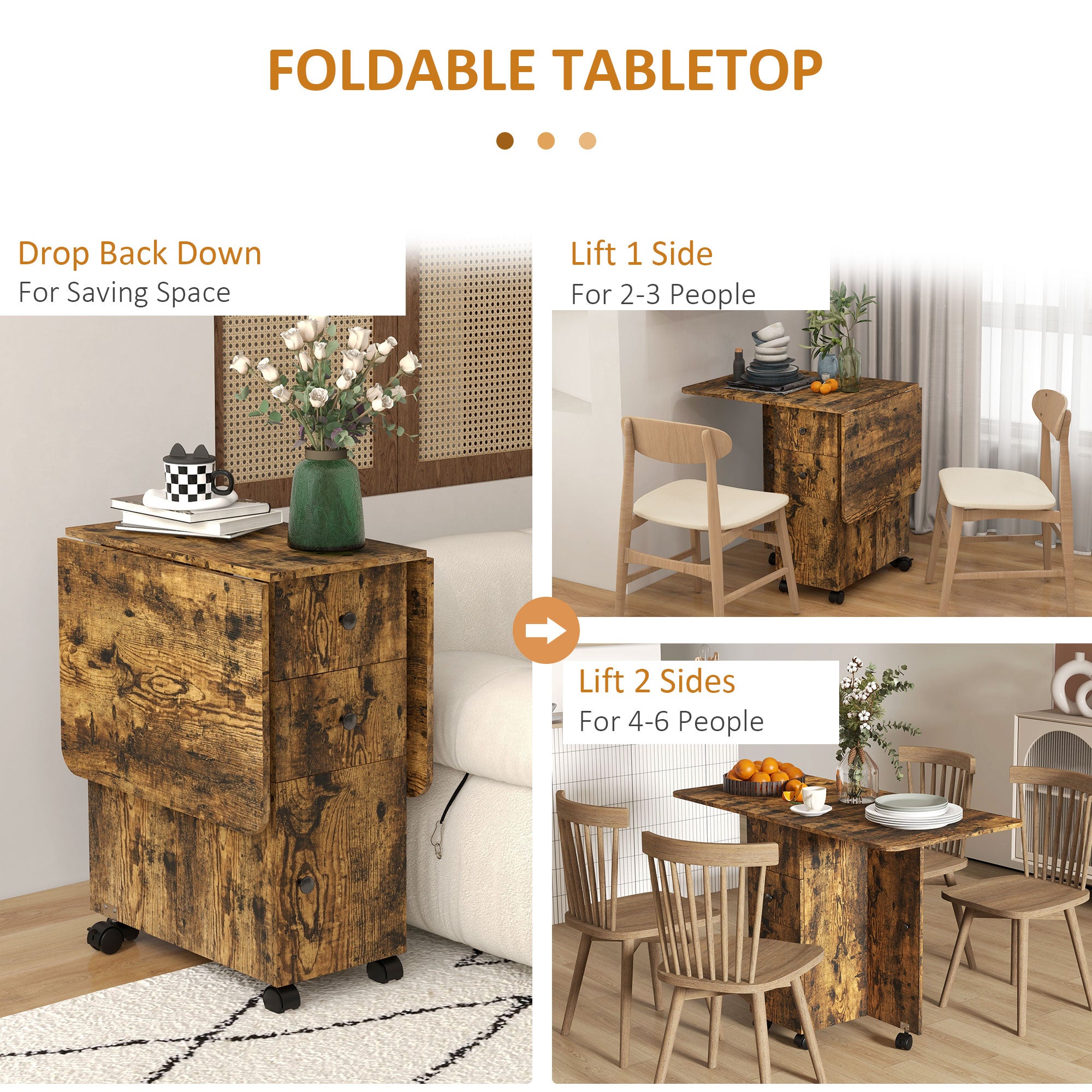 HOMCOM Multi-Storage Six-Person Drop Leaf Dining Table -  Rustic Brown