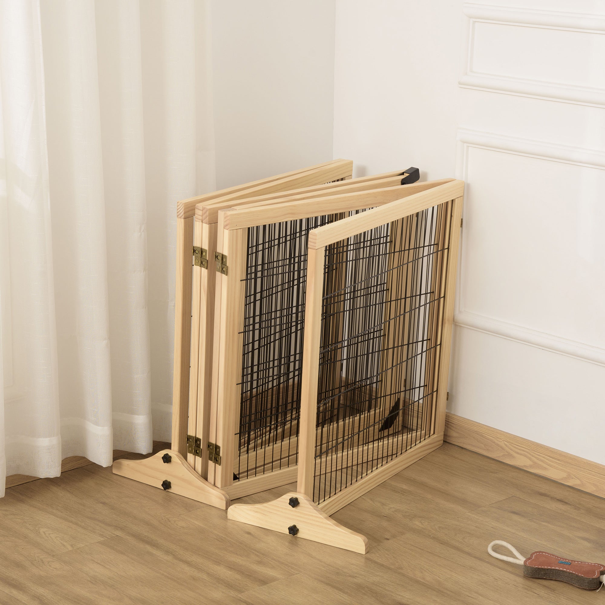 PawHut Wooden Pet Gate, Freestanding Dog Safety Barrier with Two Support Feet - Natural Tone - North Peak Garden Furniture