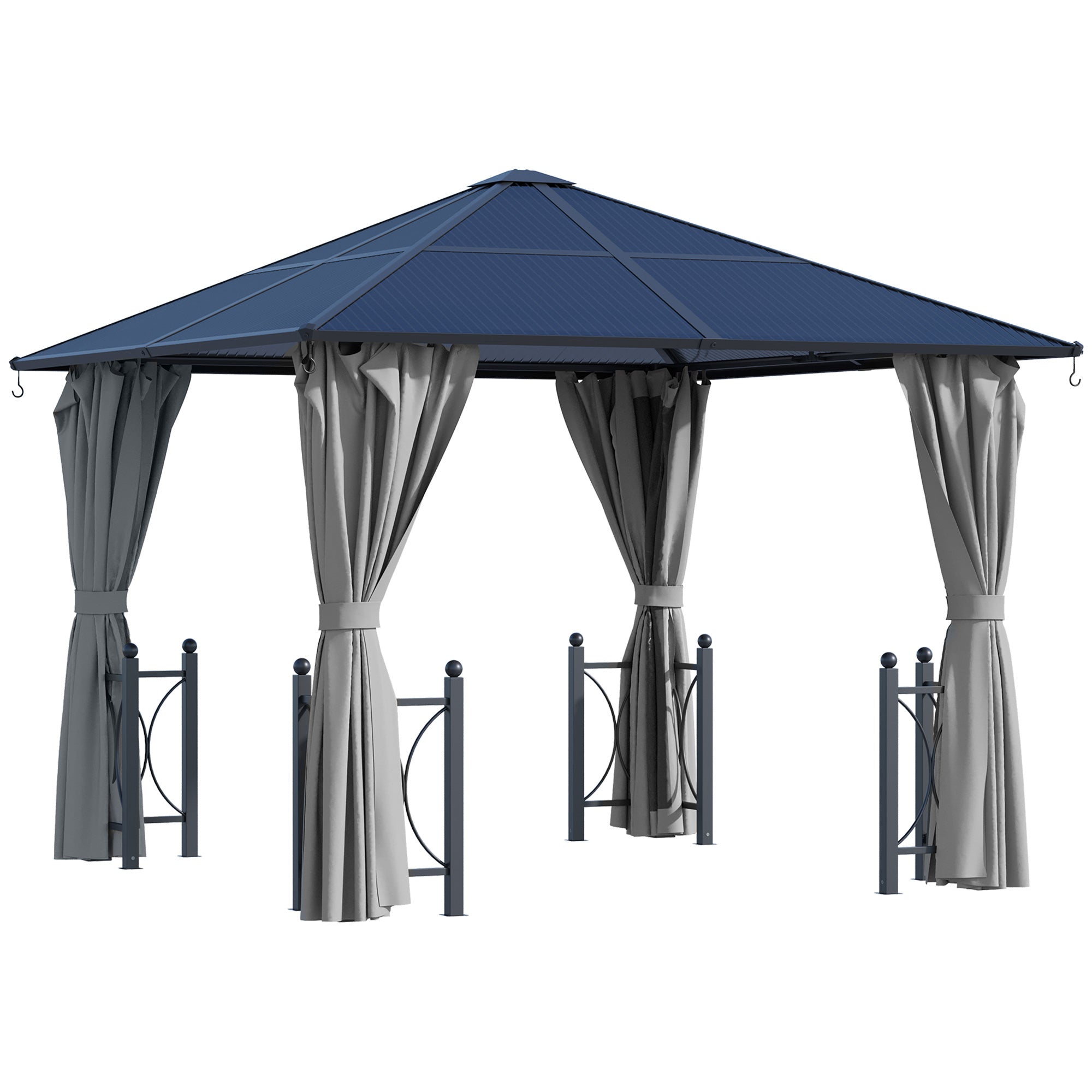 Outsunny 3 x 3(m) Hardtop Gazebo Canopy with Polycarbonate Roof, Steel & Aluminium Frame, Garden Pavilion with Mosquito Netting and Curtains, Black