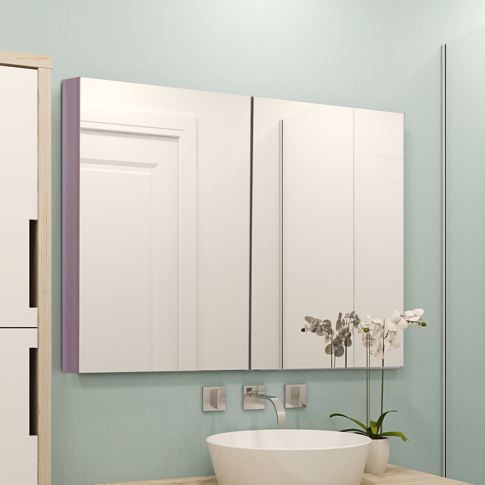 kleankin Double Door Bathroom Mirror Cabinet, Wall Mounted Bathroom Storage Cabinet, Soft Closing, 63L x 60Hcm