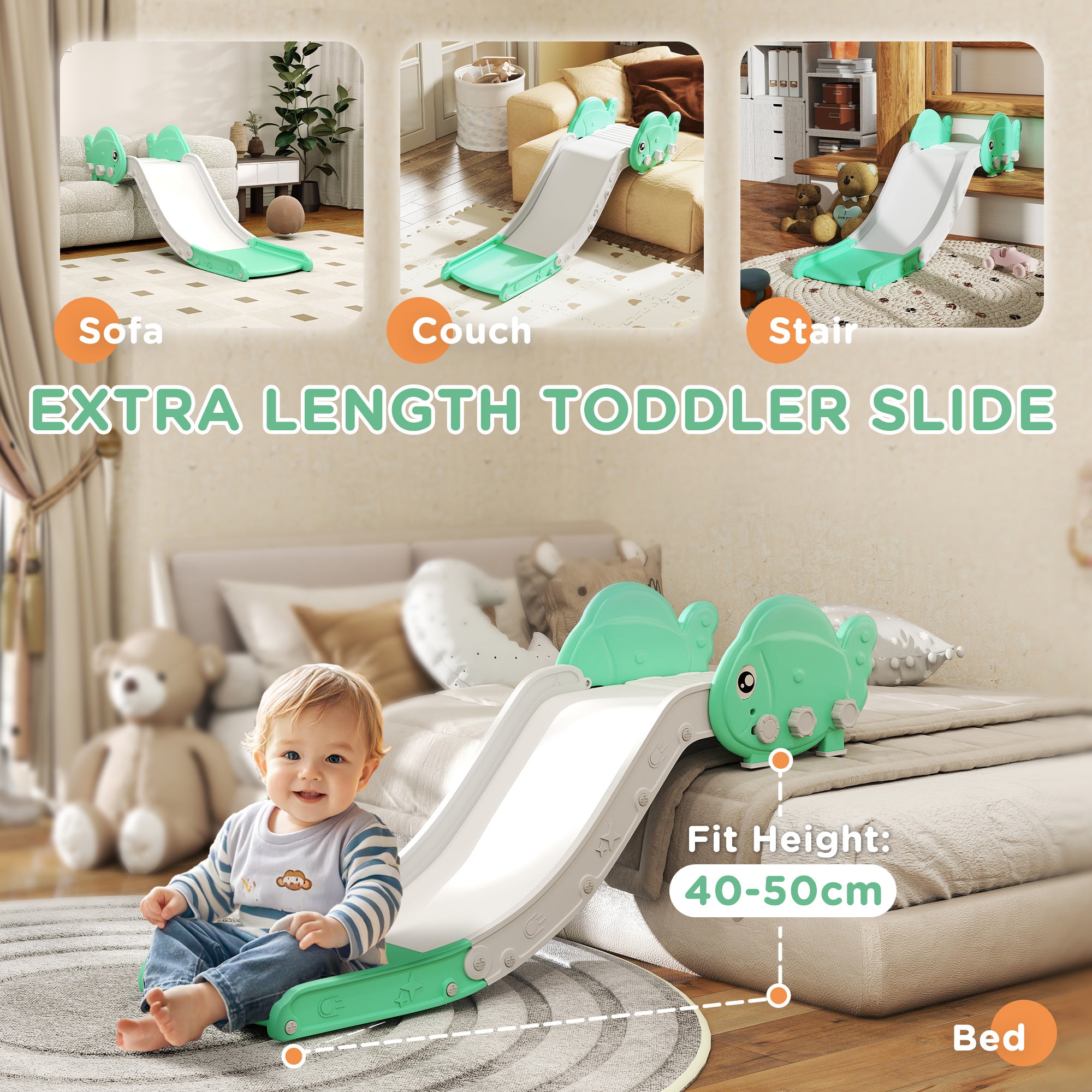 AIYAPLAY Kids Sofa Slide with 130cm Extended Length, HDPE Toddler Slide for Sofa, Bed, Stairs, Easy Assemble & Storage, Green - North Peak Garden Furniture