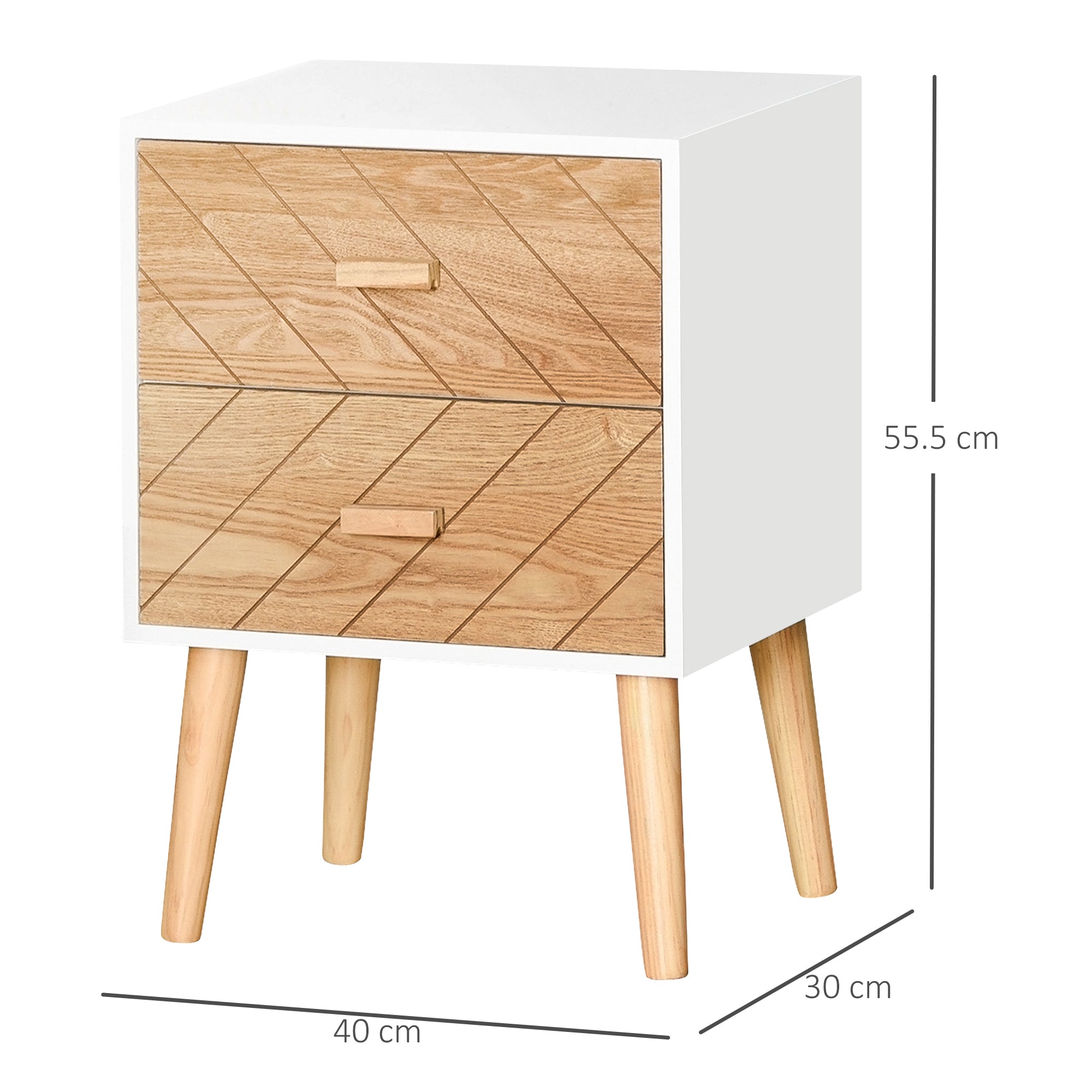 HOMCOM 2 Drawers Bedside Table with Pine Legs, Bedroom Wooden Storage Cabinet, Set of 2, Natural - North Peak Garden Furniture