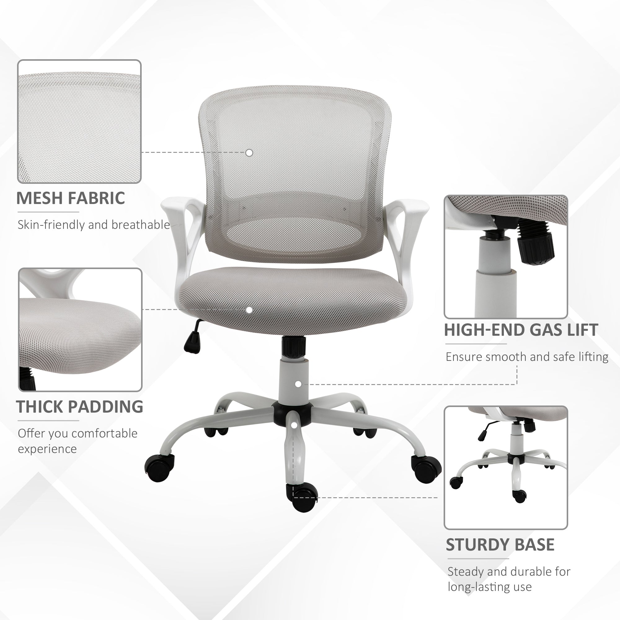 Vinsetto Office Chair Mesh Swivel Desk Chair with Lumbar Back Support Adjustable Height Armrests Grey - North Peak Garden Furniture