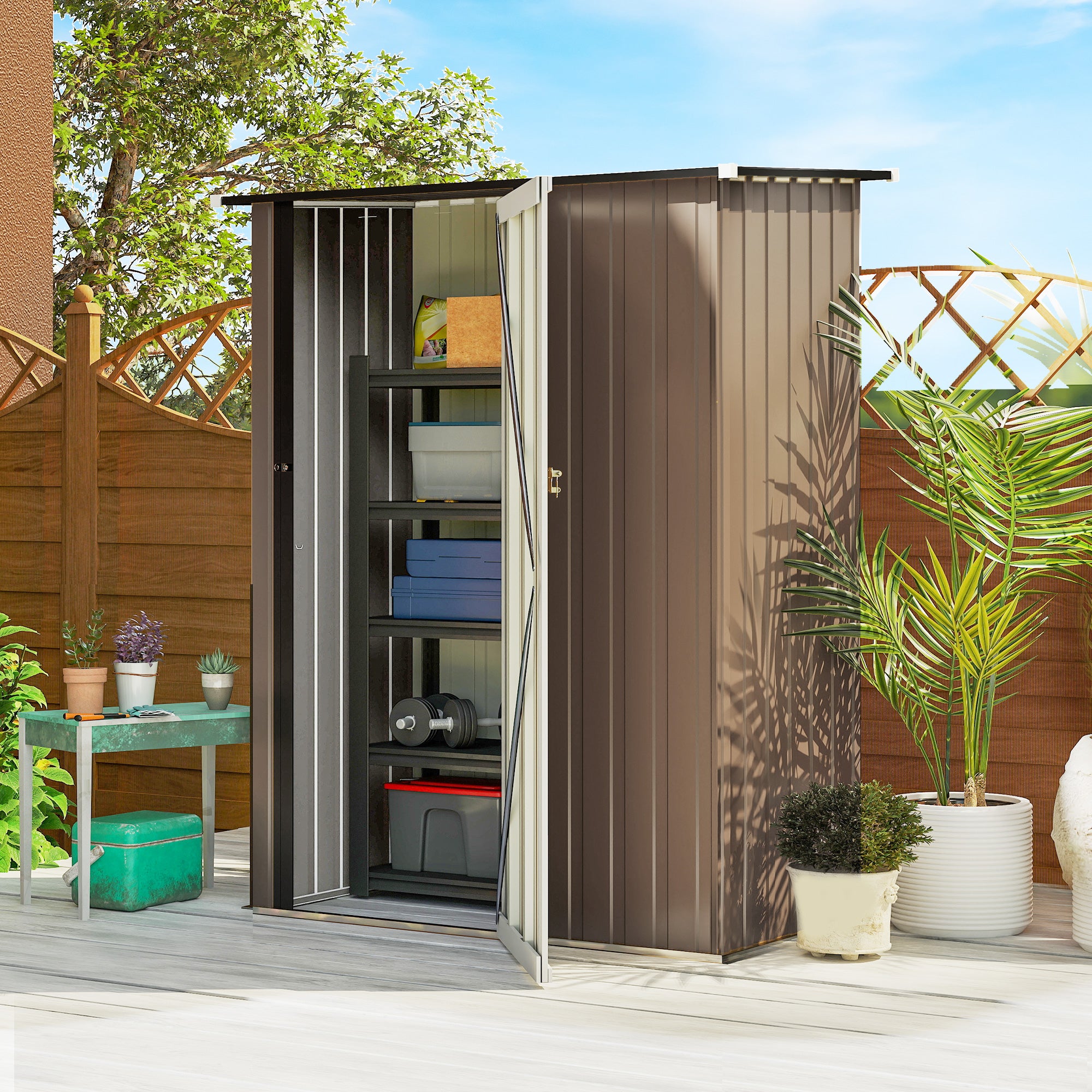 Outsunny 5ft x 3ft Garden Metal Storage Shed, Outdoor Tool Shed with Sloped Roof, Lockable Door for Tools, Equipment, Brown