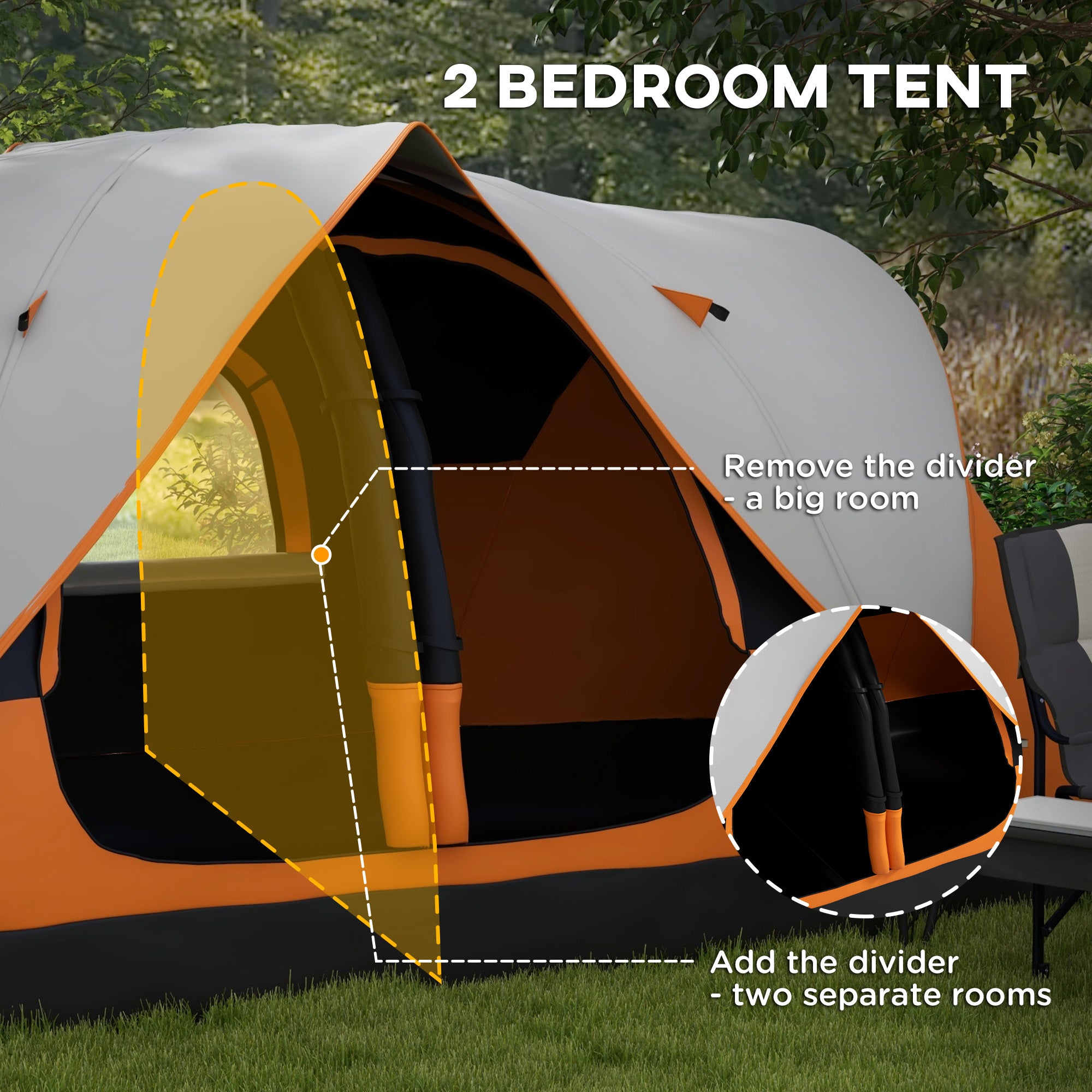 Outsunny Six-Man Tent, with Two Rooms, Small Rainfly and Accessories - Orange - North Peak Garden Furniture