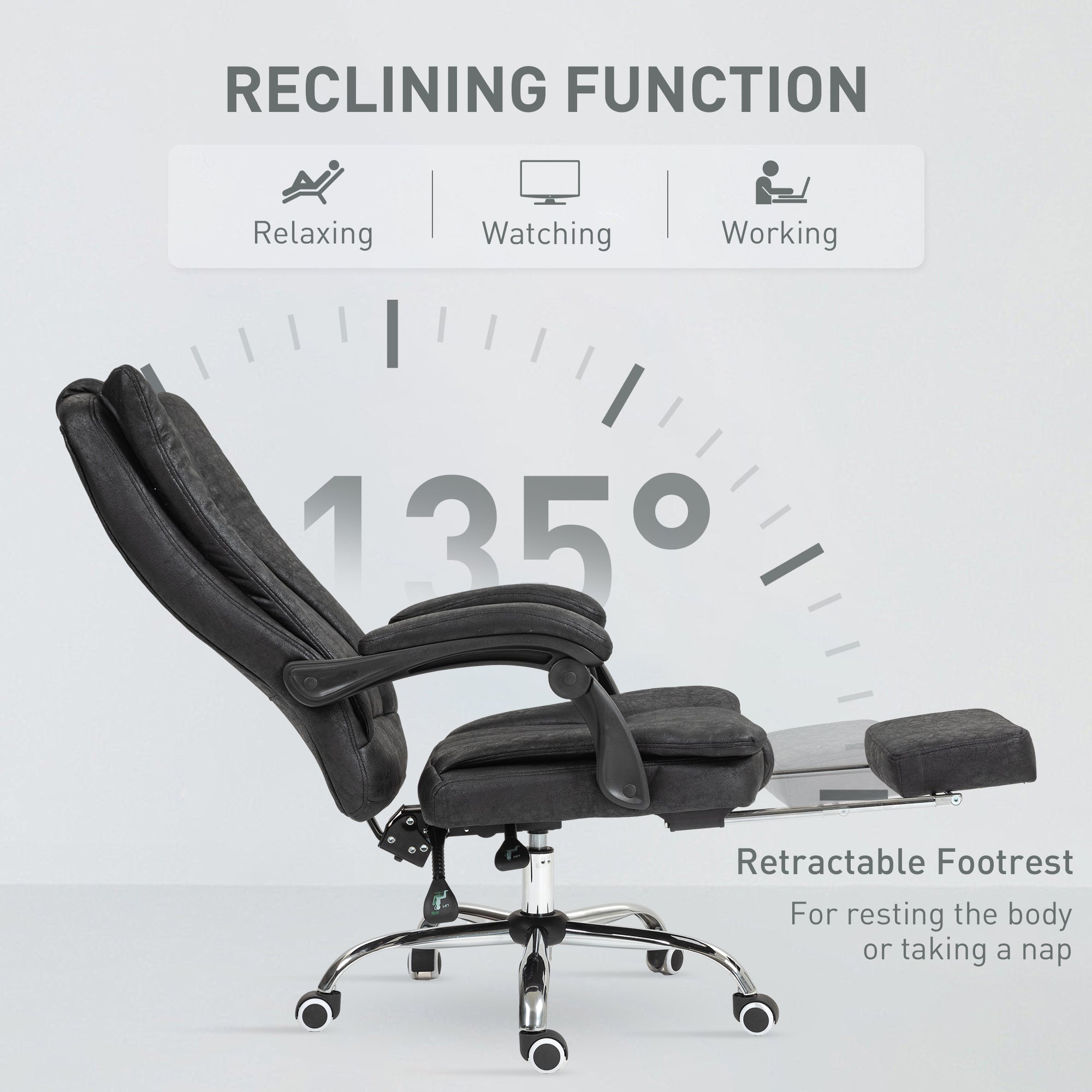 Vinsetto Home Office Chair Microfibre Desk Chair with Reclining Function Armrests Swivel Wheels Footrest Black - North Peak Garden Furniture