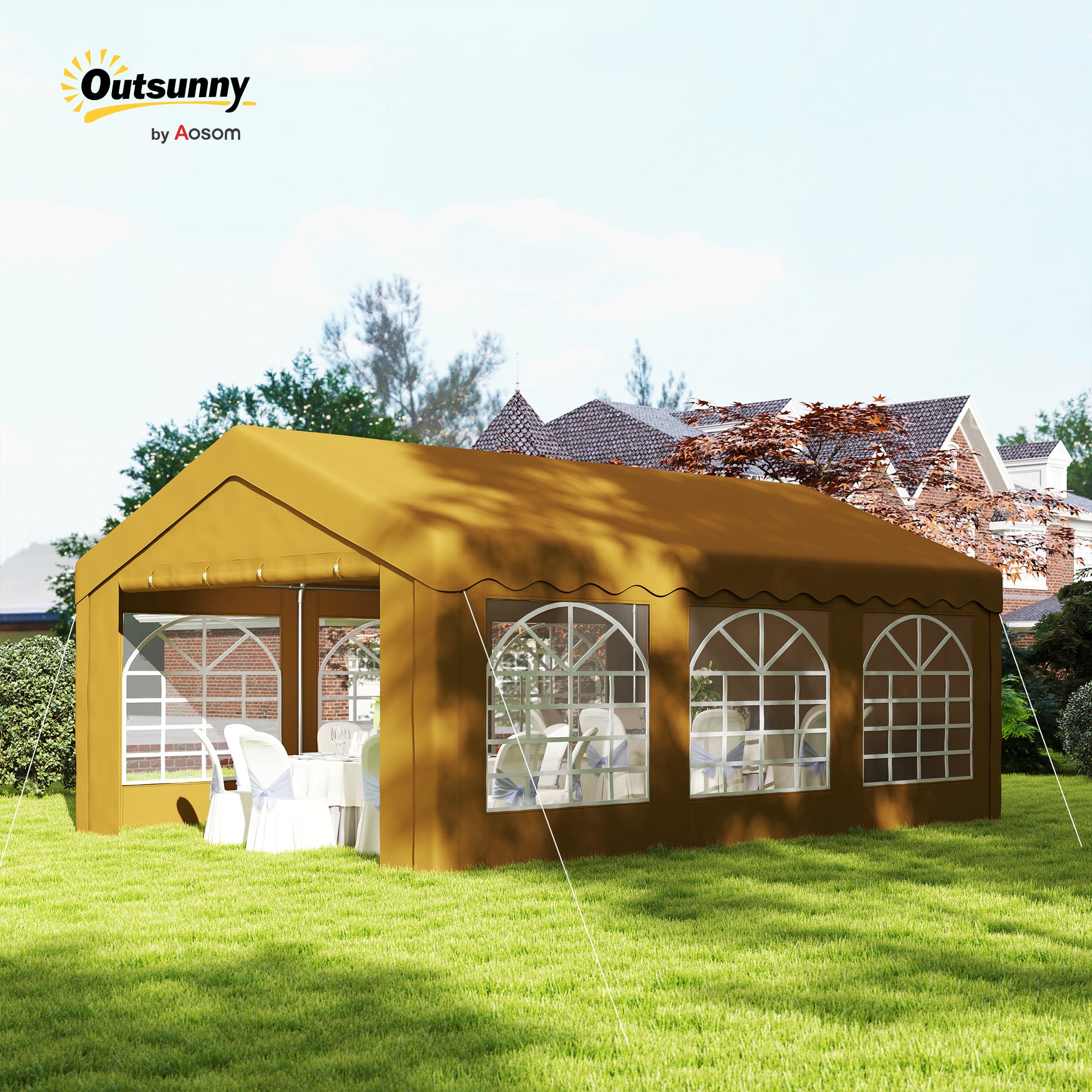Outsunny 6m x 4m Garden Gazebo, Galvanised Marquee Party Tent with Removable Sides and Windows for Parties, Wedding and Events, Yellow - North Peak Garden Furniture