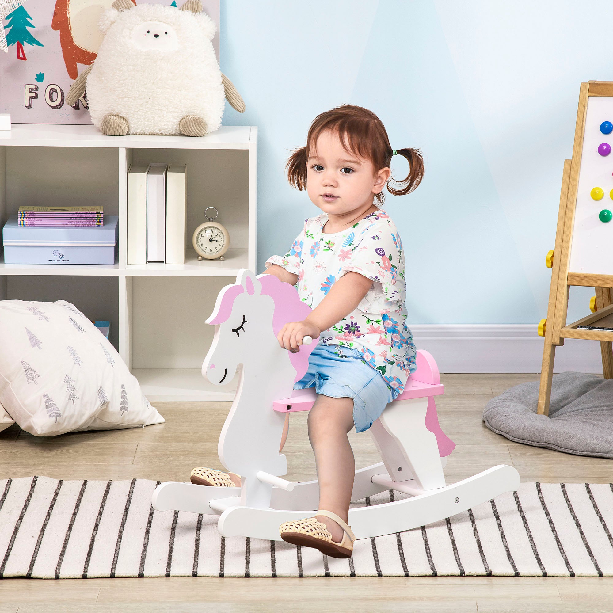 HOMCOM Kids Rocking Horse, with Handlebar, Foot Pedal - Pink - North Peak Garden Furniture