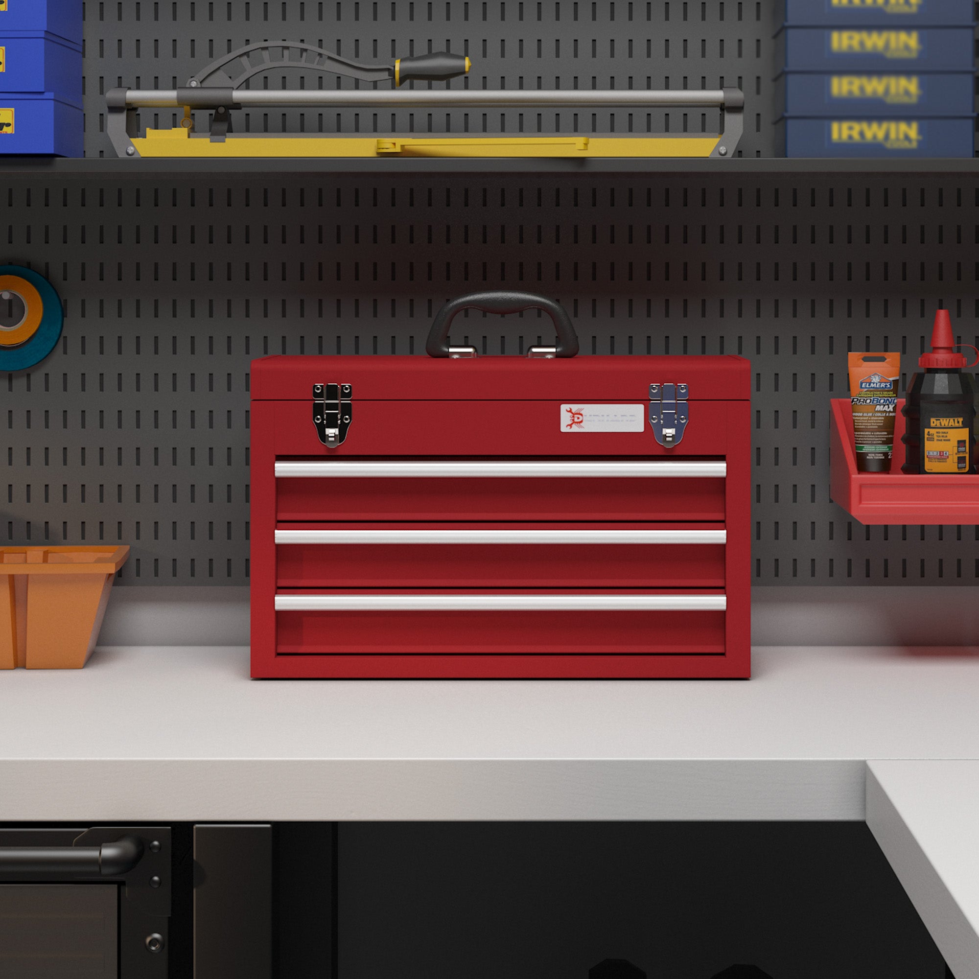 DURHAND Lockable Metal Tool Box, 3 Drawer Tool Chest with Latches, Handle, Ball Bearing Runners, Red - North Peak Garden Furniture
