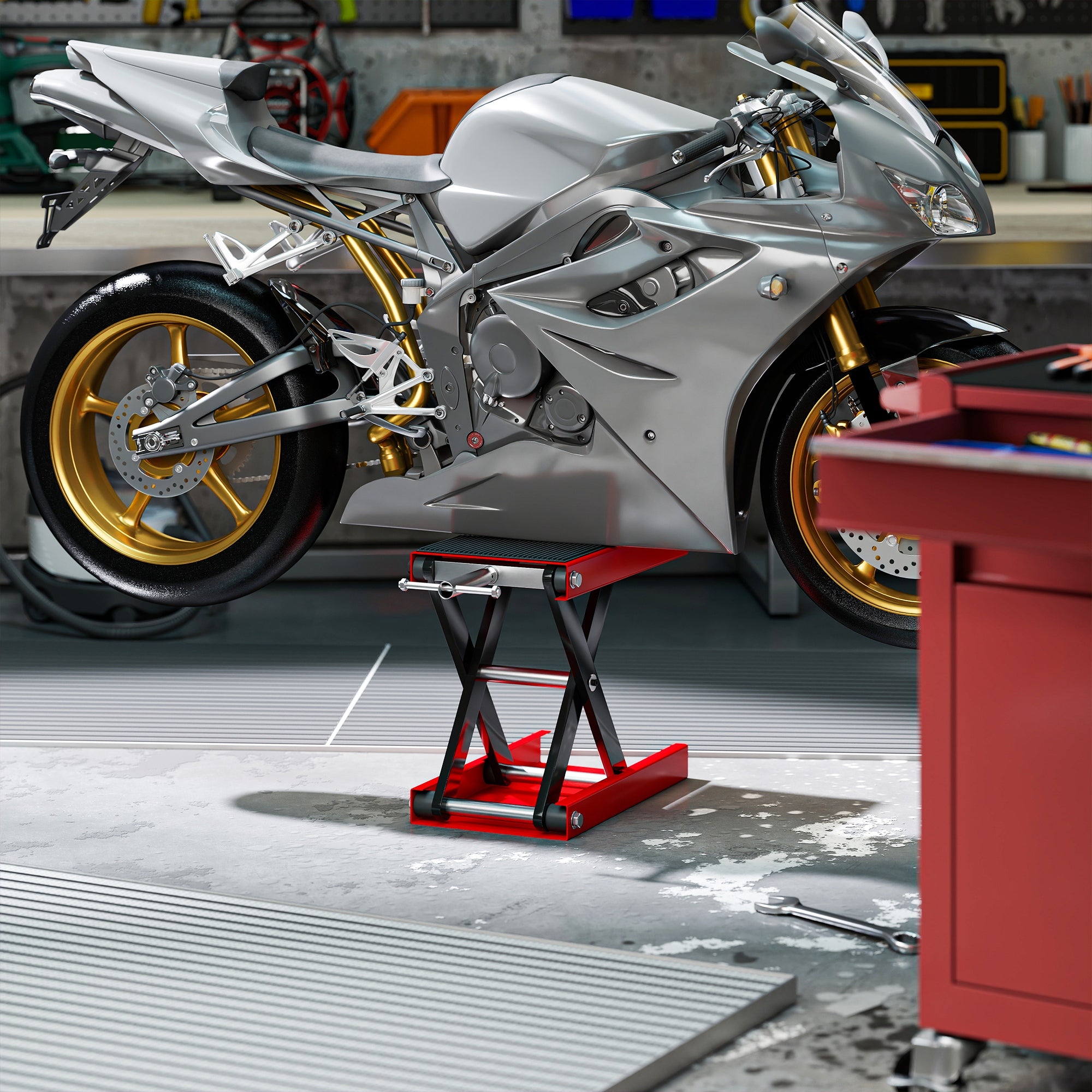 DURHAND 500KG Motorcycle Scissor Lift Jack, Height Adjustable Motorbike Stand with Anti-Slip Wide Deck, Heavy Duty Steel Motorbike Repair Lift Hoist Stand for Home Garage, Red
