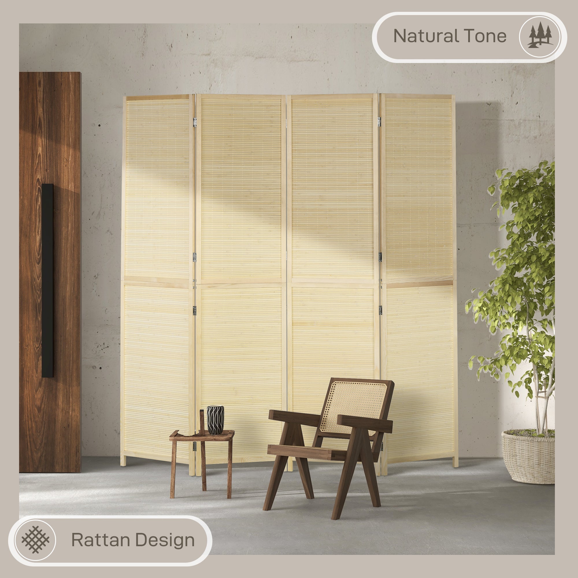 HOMCOM Room Divider, Freestanding Privacy Screen, 4 Panel Folding, 180 x 180cm, Natural