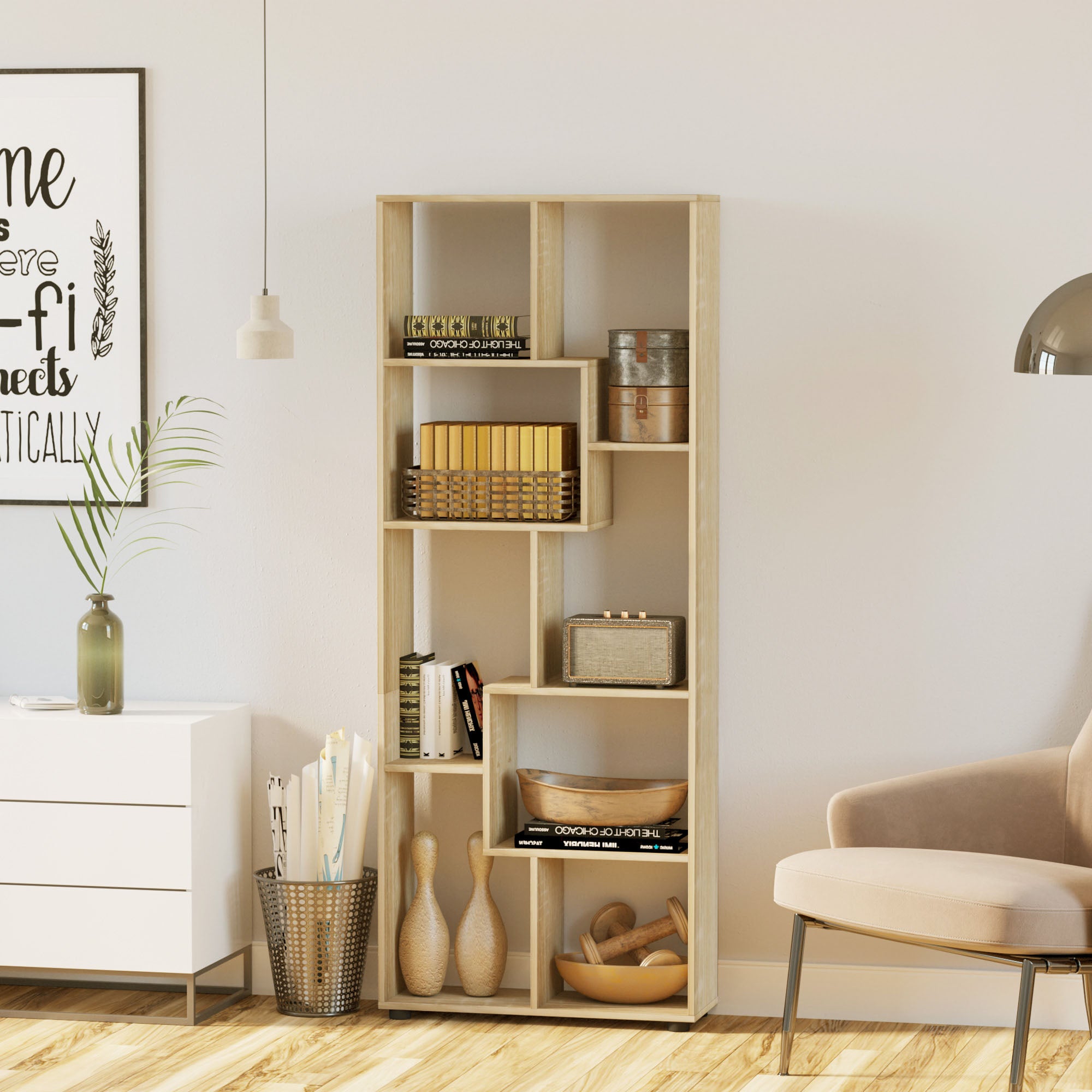 HOMCOM 8-Tier Freestanding Bookcase w/ Melamine Surface Anti-Tipping Foot Pads Home Display Storage Grid Stand Bedroom Living Room Furniture Modern Style - Natural - North Peak Garden Furniture