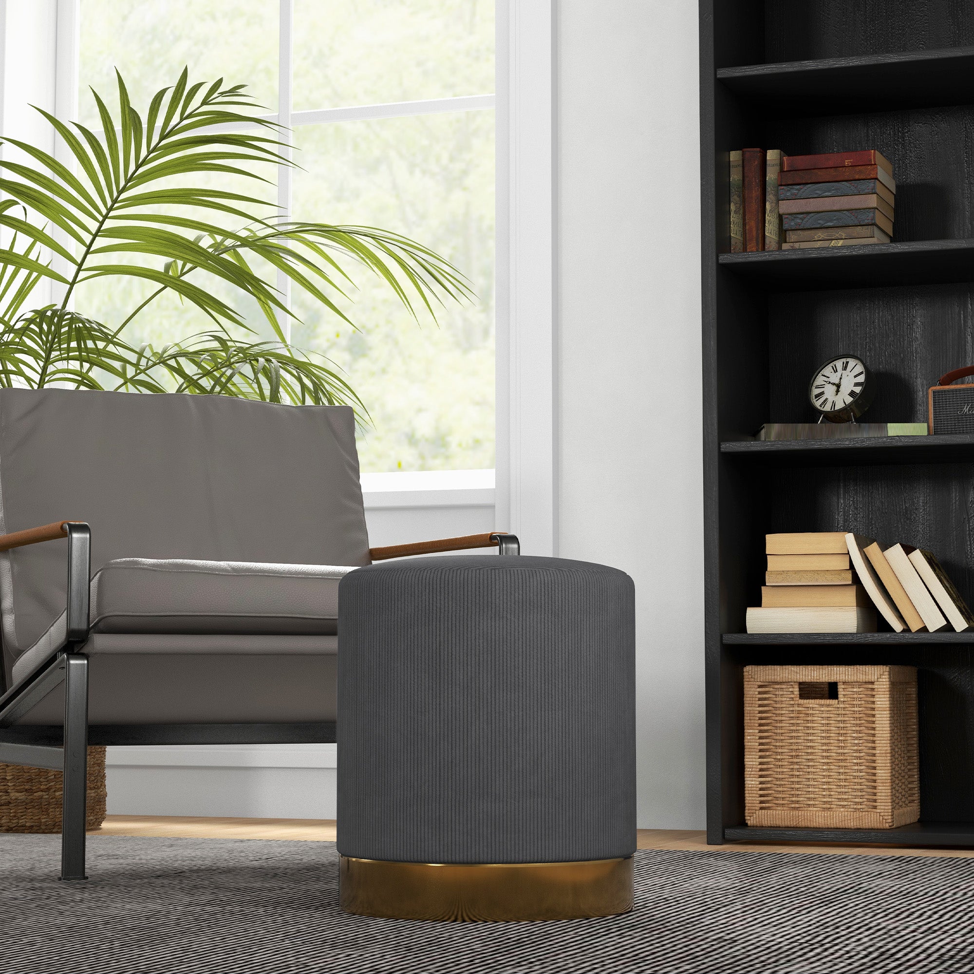 HOMCOM Soft Padded Corduroy Footstool - Charcoal Grey - North Peak Garden Furniture