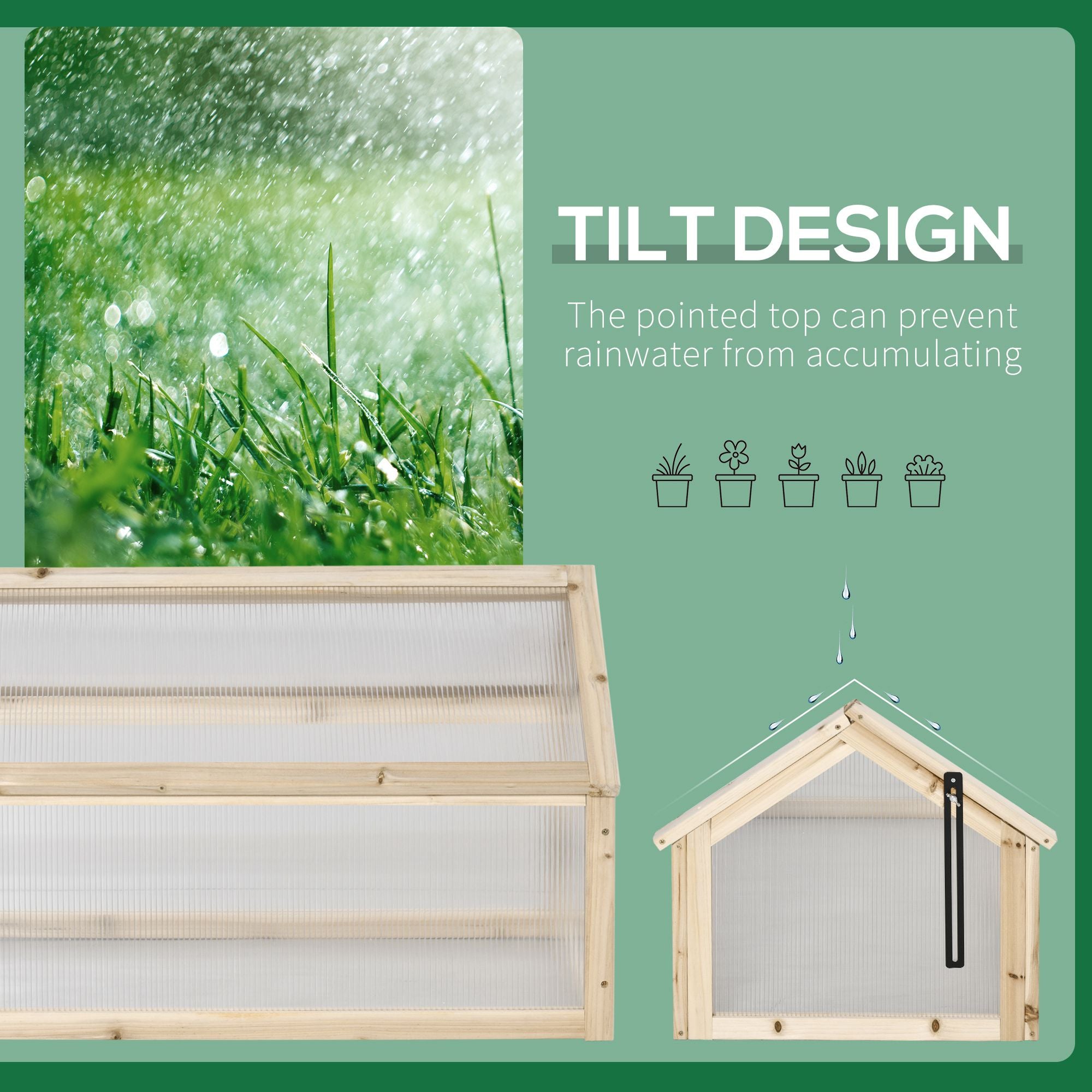 Outsunny Polycarbonate Cold Frame Greenhouse, Wooden Grow House with Top Opening for Flowers, Vegetables, 90 x 52 x 50 cm, Natural | Aosom UK