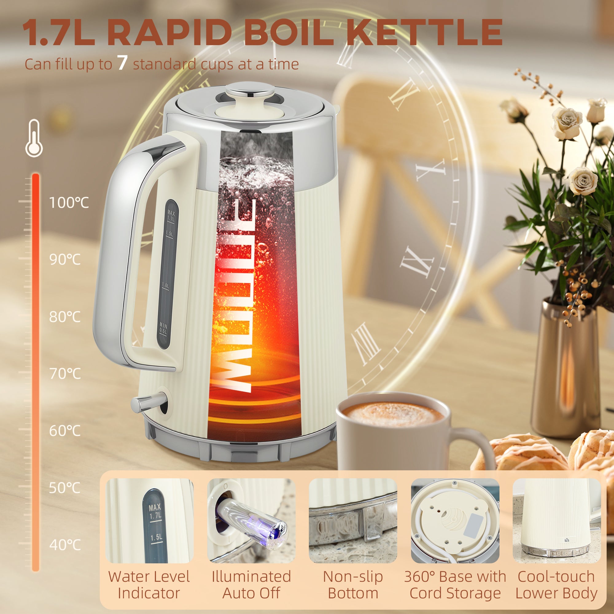 HOMCOM Electric Kettle and Toaster Set, 3000W 1.7L UK Strix Thermostat Rapid Boil Jug Kettle with Limescale Filter, Cool Touch Body, 4 Slice Toaster with 7 Browning Controls, Crumb Tray, Cream