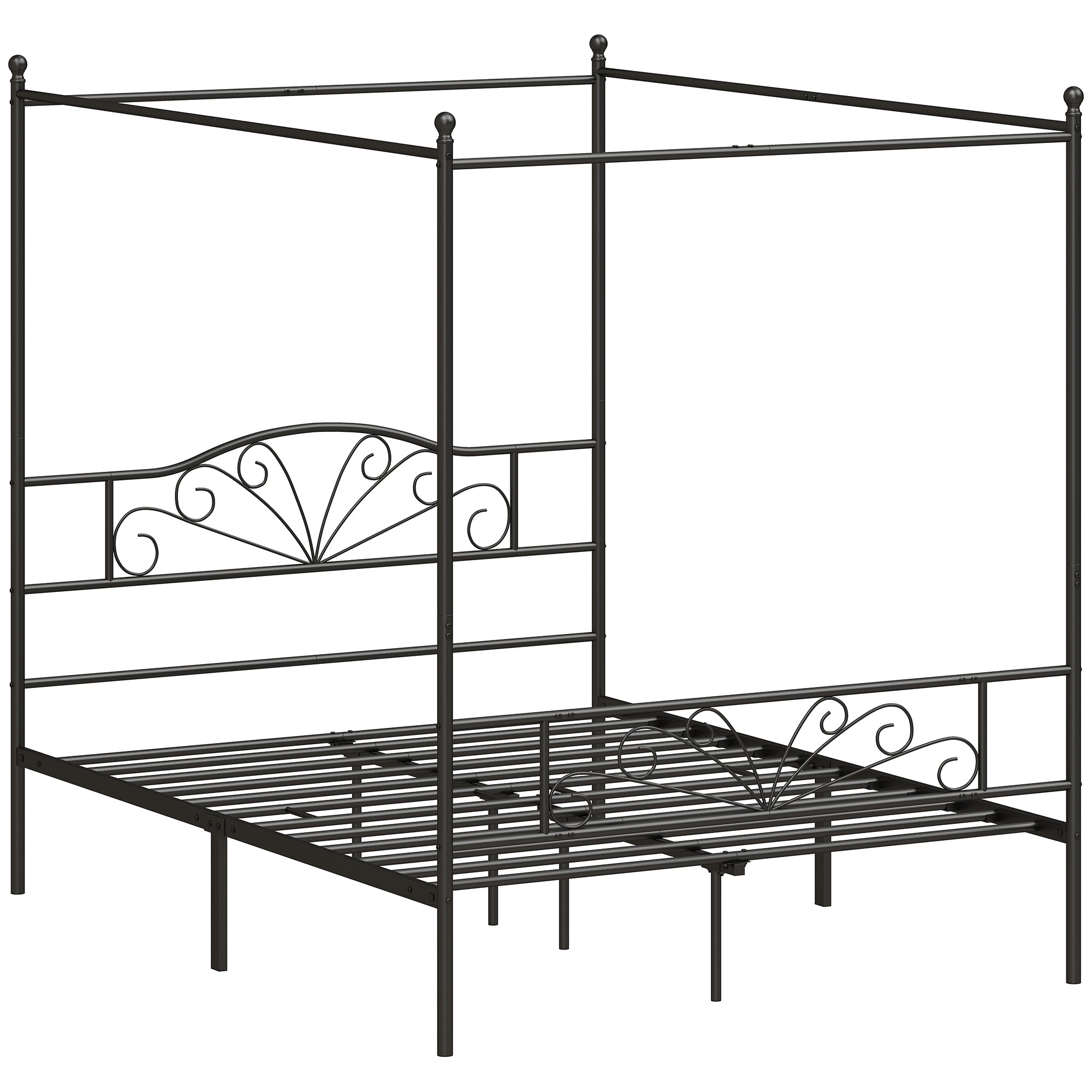 HOMCOM Canopy Bed Frame King Size, Metal Platform Bed Frame with Headboard and Footboard, Underbed Storage, Black