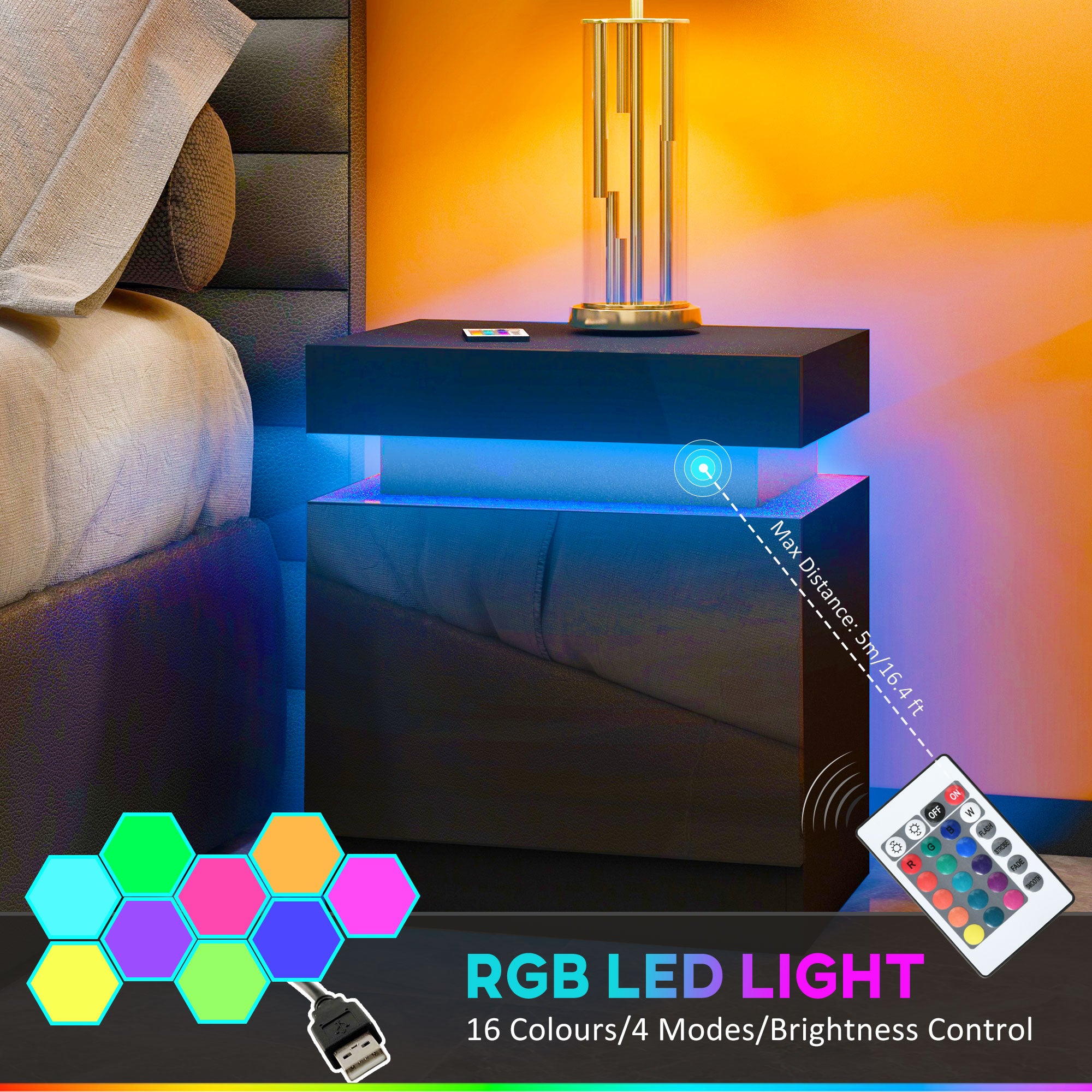 HOMCOM Black Bedside Table with LED Light, High Gloss Front Nightstand with 2 Drawers, for Living Room, Bedroom - North Peak Garden Furniture