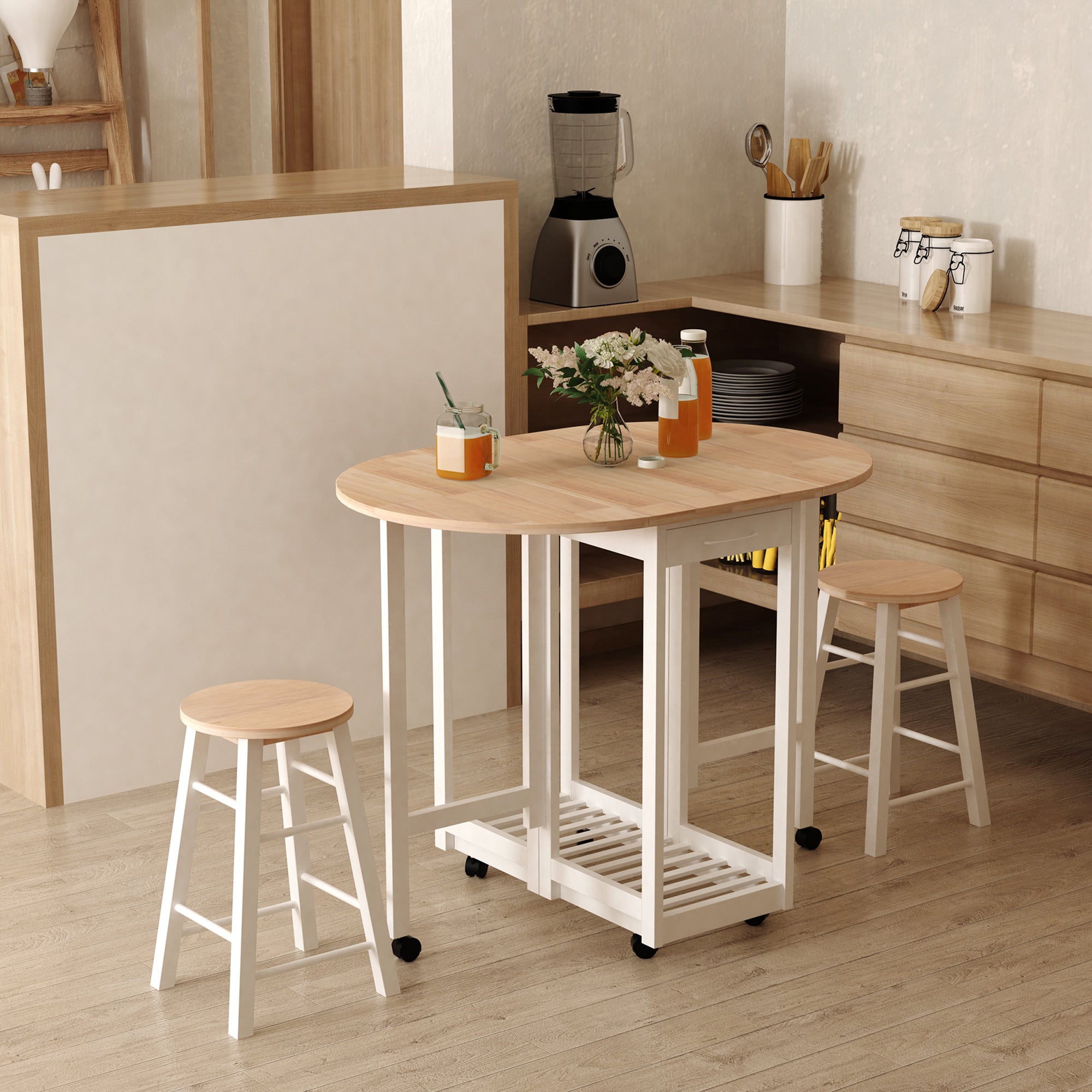 HOMCOM 3PC Wooden Kitchen Cart Mobile Rolling Trolley Folding Bar Table Two Stools Dining Chair Storage Shelf w/2 Drawers & 6 Wheels - North Peak Garden Furniture