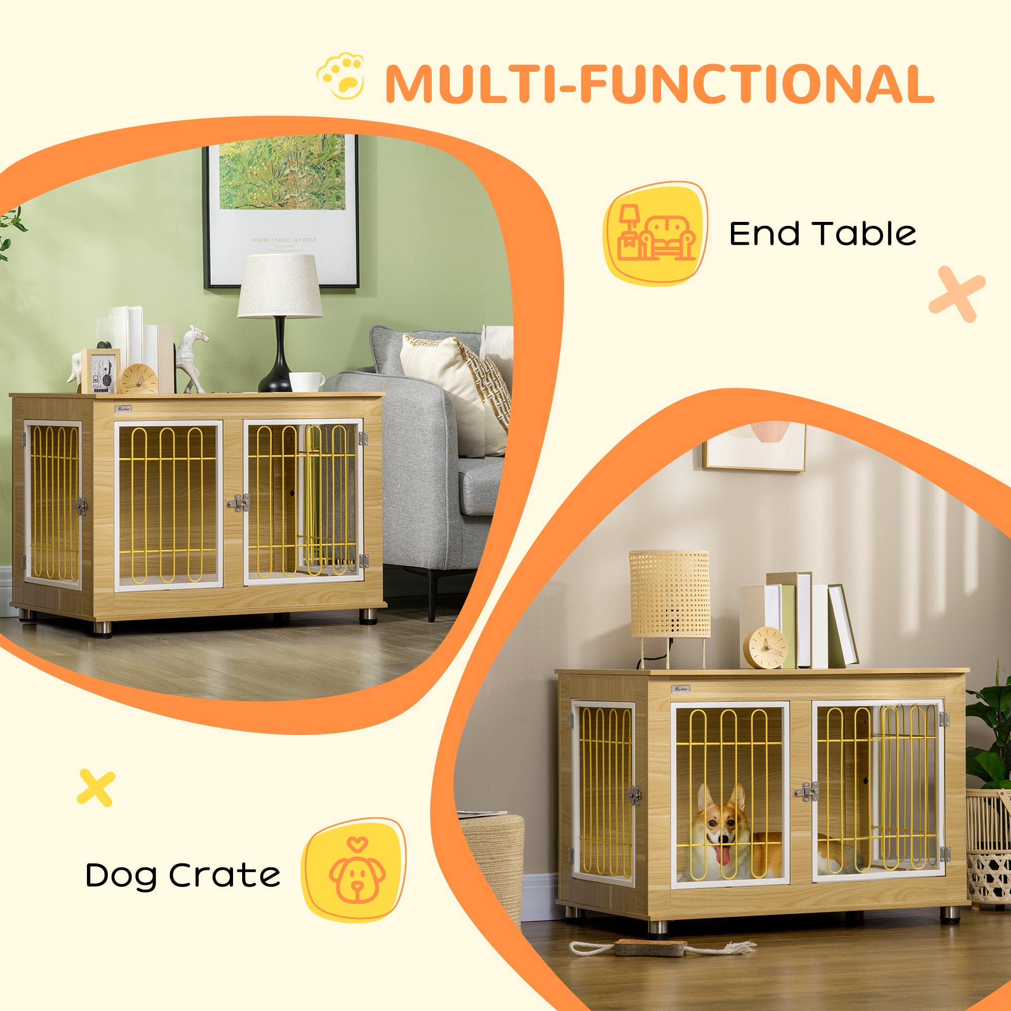 PawHut Dog Crate Furniture, Dog Cage End Table. with Soft Cushion, Double Door - Oak Tone - North Peak Garden Furniture