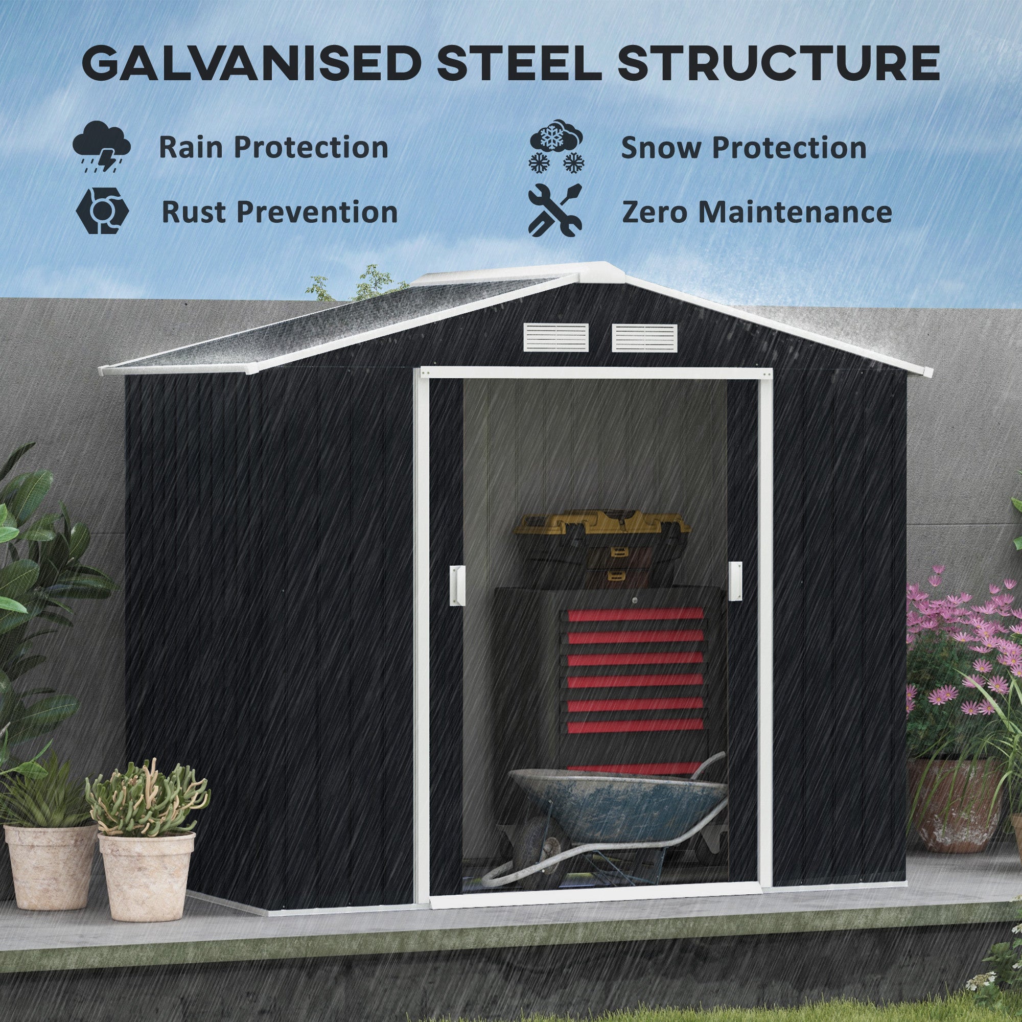 Outsunny 7 x 4ft Metal Garden Shed, Outdoor Storage Tool House with Ventilation Slots, Foundation Kit and Lockable Double Doors, Dark Grey - North Peak Garden Furniture