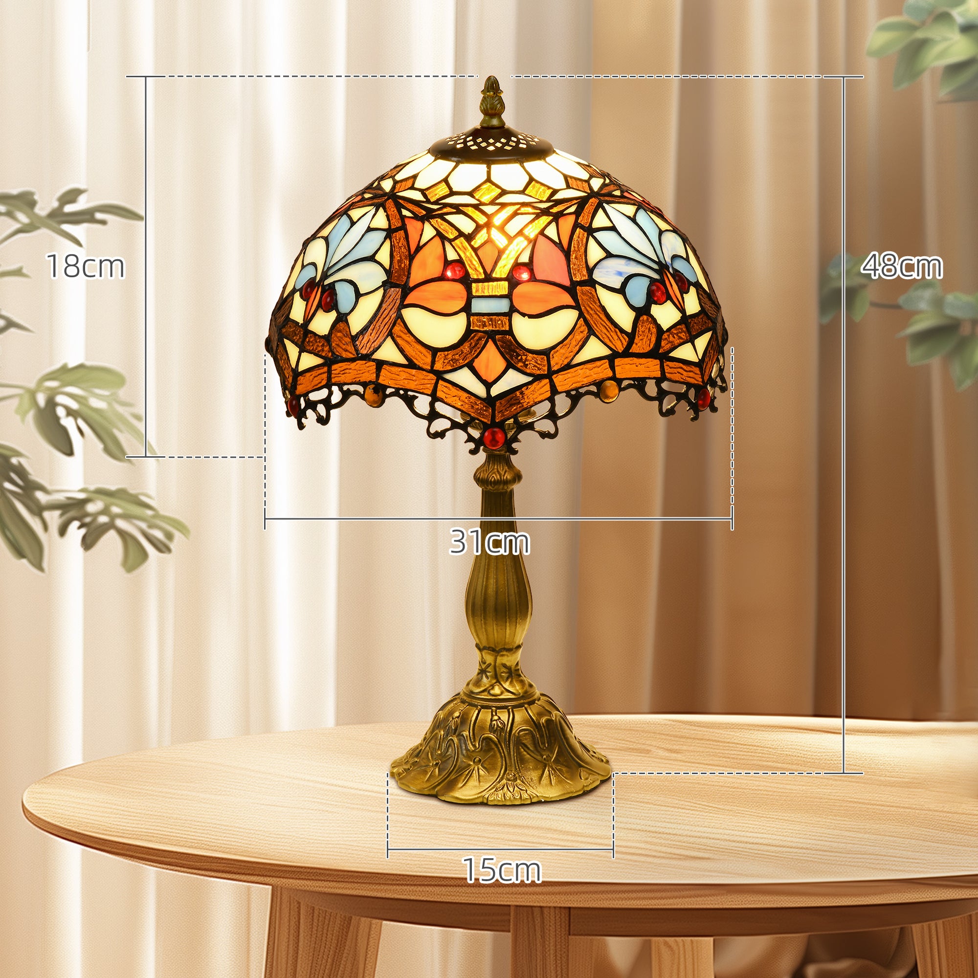 HOMCOM Stained Glass Table Lamp, Handcrafted Artisan Collectible, Suitable for Living Room and Bedside, Multi-Coloured, Ф31 x 48Hcm, Zinc Alloy. - North Peak Garden Furniture