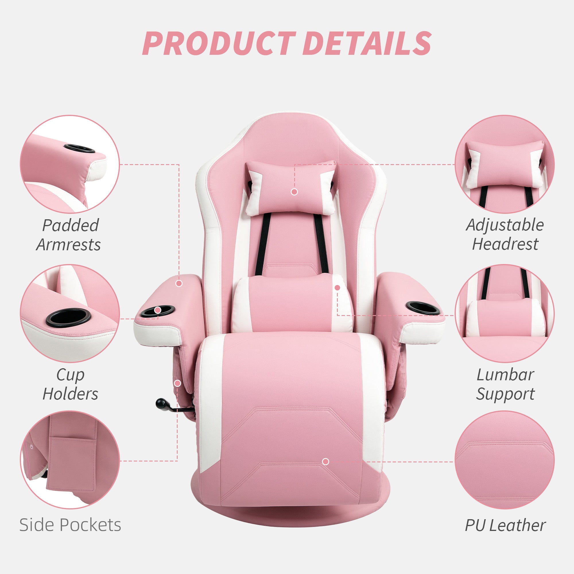 HOMCOM Manual Recliner Armchair PU Leather Lounge Chair w Adjustable Leg Rest, 135° Reclining Function, 360° Swivel, Pink - North Peak Garden Furniture