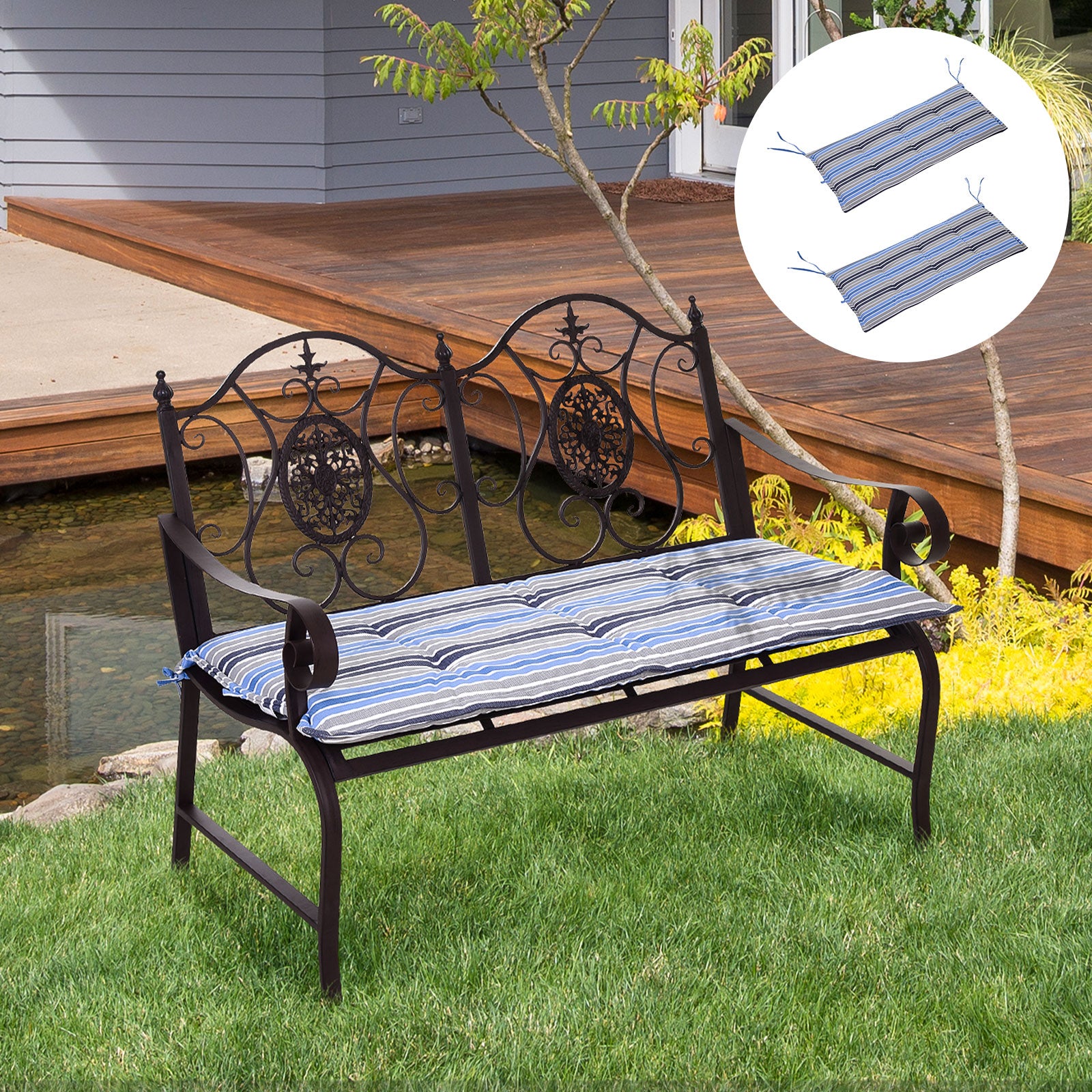 Outsunny Outdoor Bench Swing Chair Cushion Seat Pad Mat Replacement for 2-3 Seater, Garden Patio, 120L x 50W x 5T cm, Blue Stripes