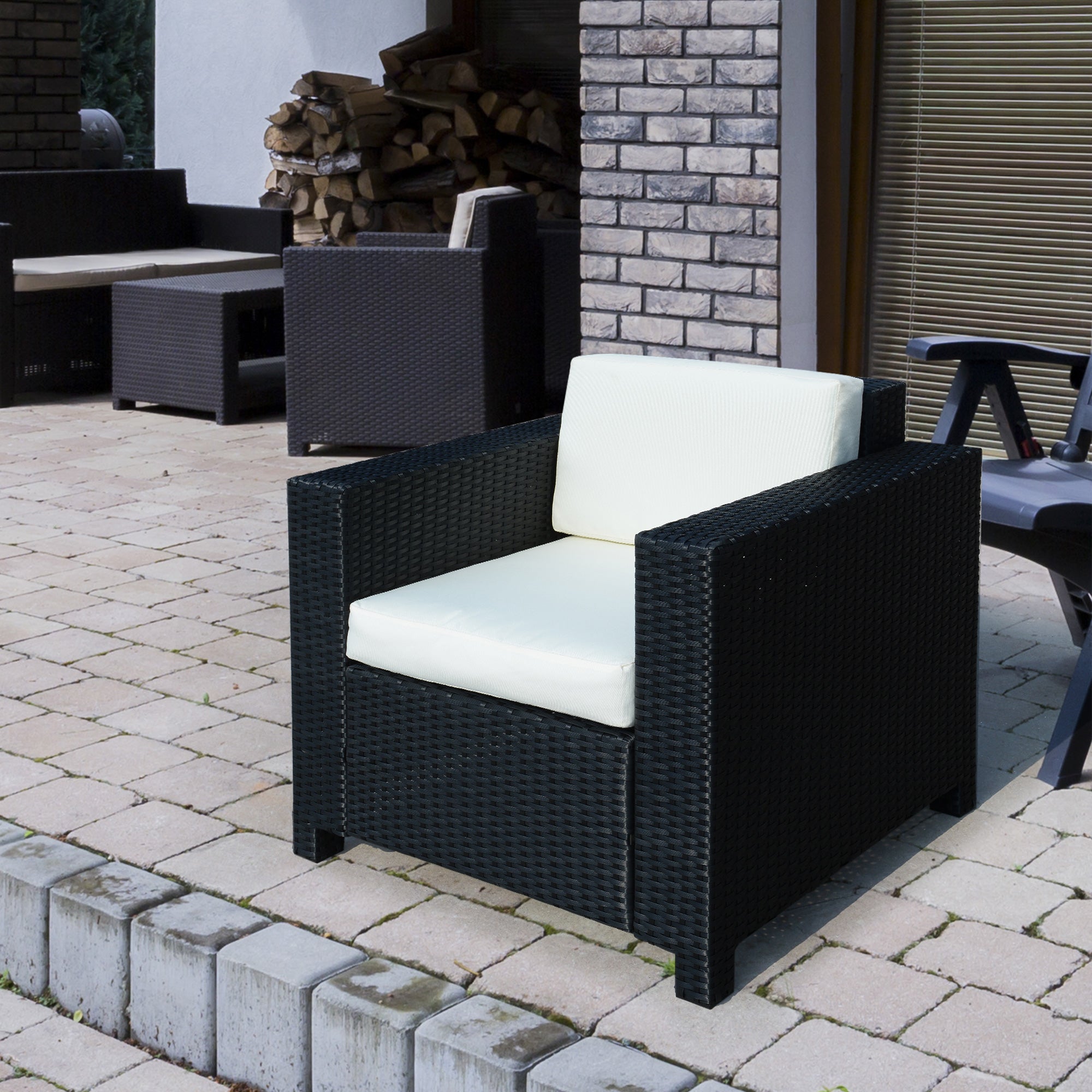 Outsunny Single Seater Rattan Chair Sofa with 10 cm Thick Padded Cushion, All-Weather PE Wicker Weave Garden Armchair with Armrests, Black