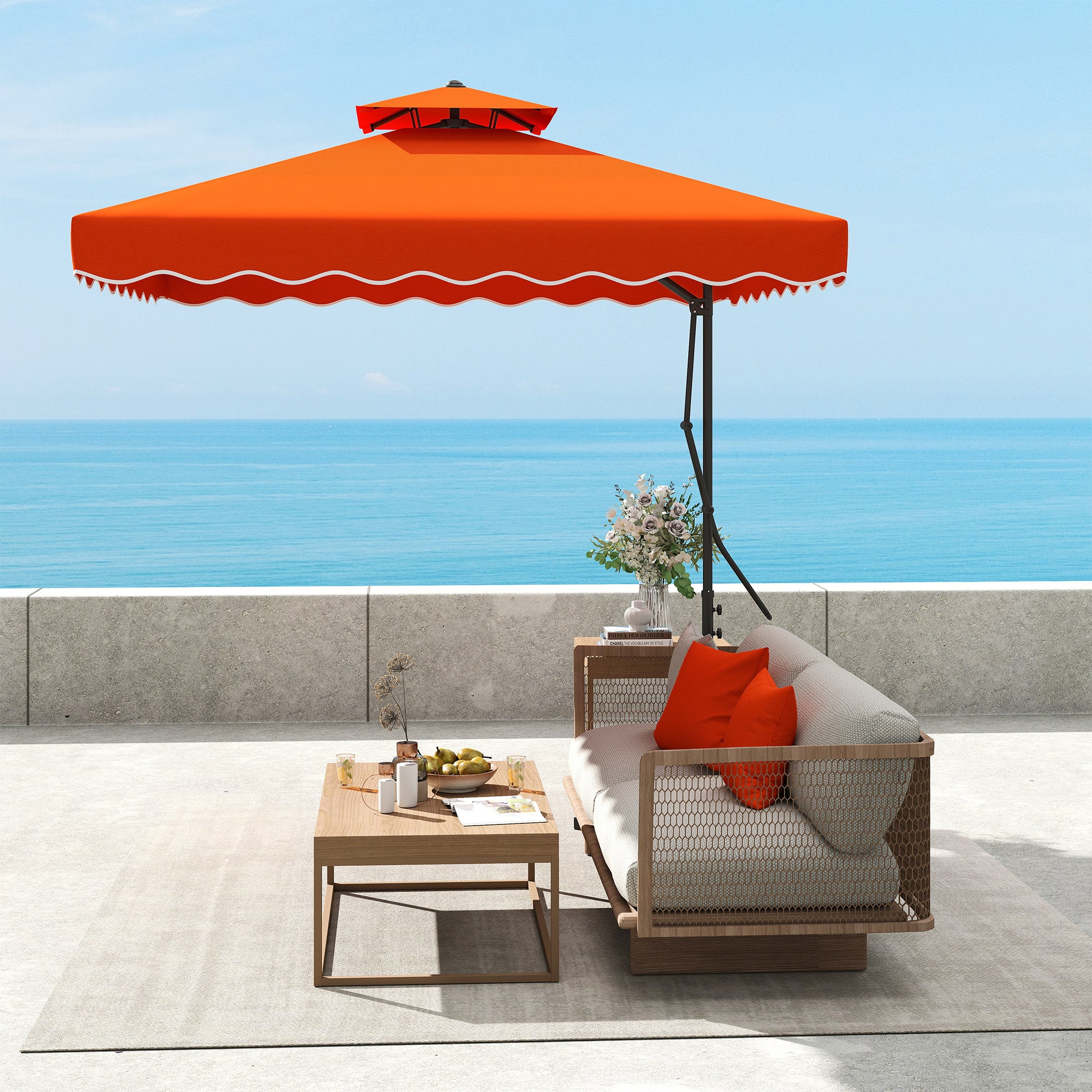 Outsunny 2.5m Cantilever Parasol with Easy Lever, Square Double Top Garden Parasol Umbrella with Ruffles and Cross Base, Overhanging Outdoor Sun Shades, Orange - North Peak Garden Furniture