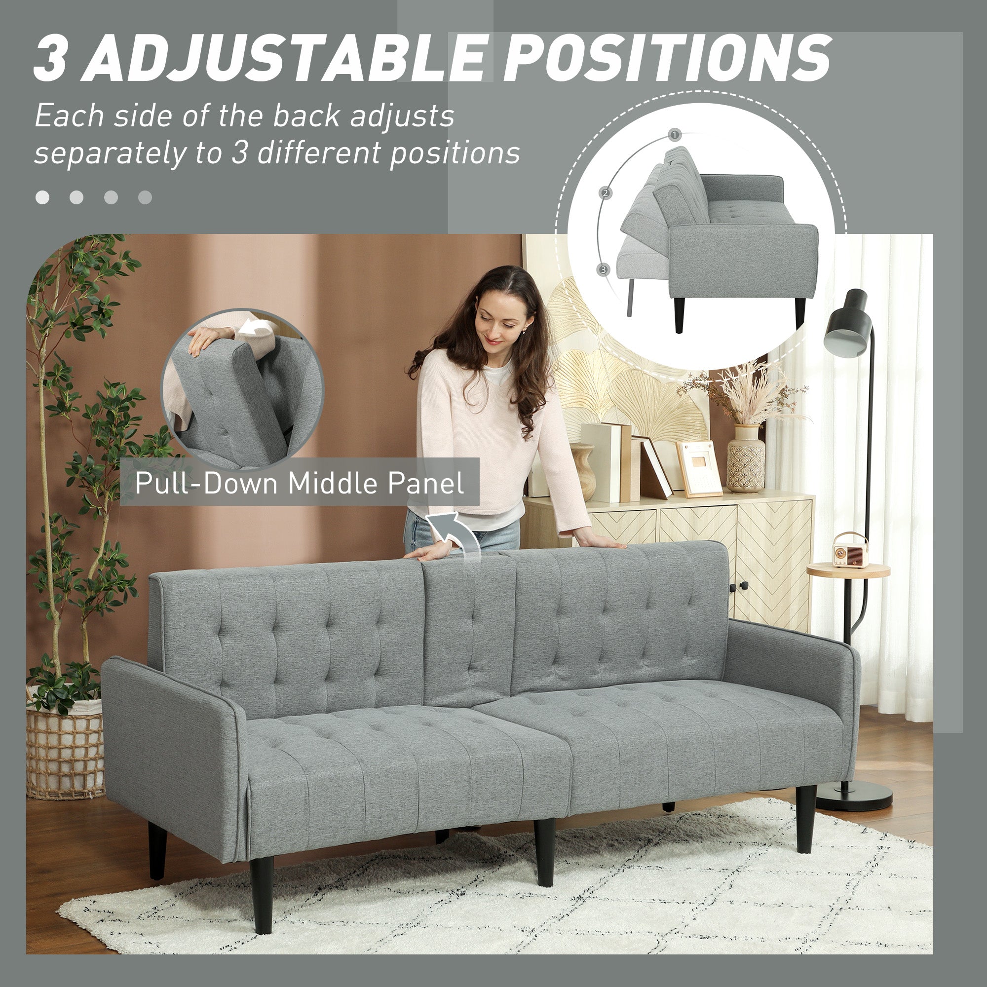 HOMCOM Upholstered Click Clack Sofa Bed, Linen-Feel 3 Seater Sofa Bed with Storage and Cupholders, Light Grey - North Peak Garden Furniture