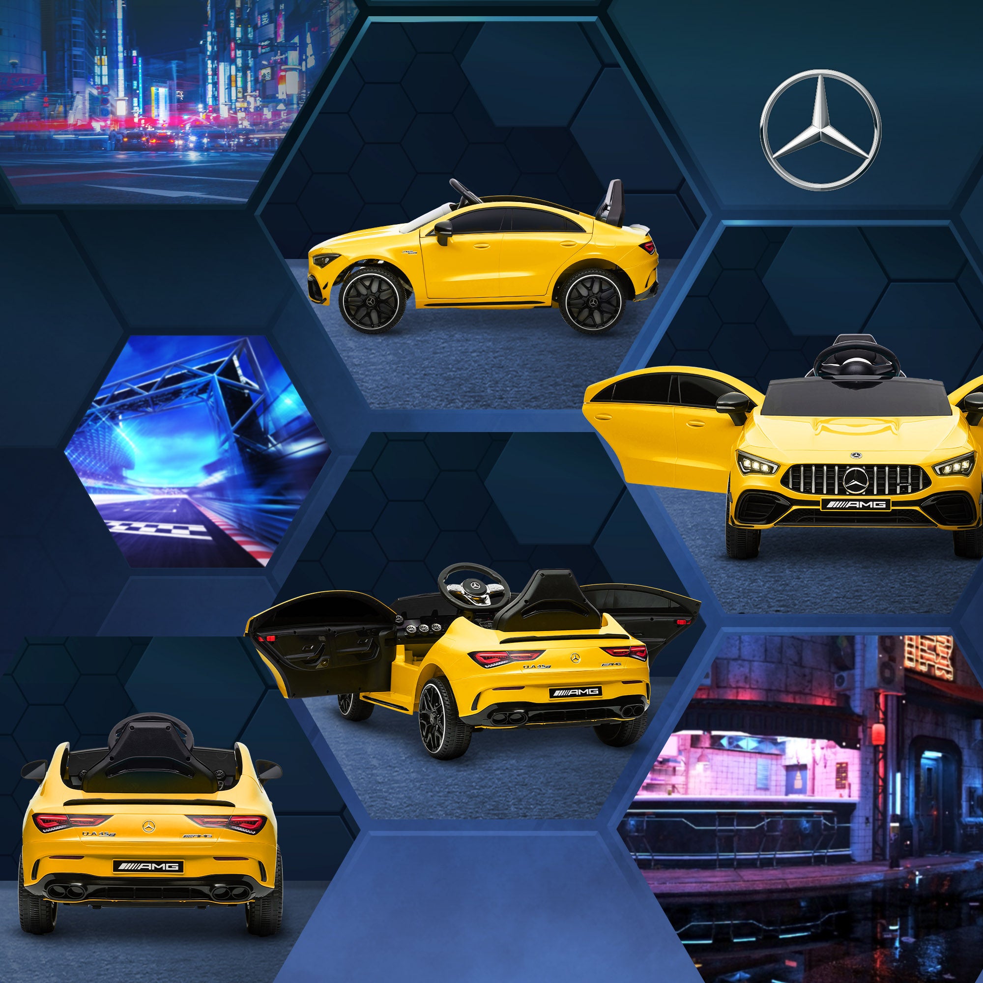 AIYAPLAY Mercedes-AMG CLA 45 Licensed 12V Kids Electric Car Ride on Car w/ Remote, Suspension Lights Music Horn - Yellow - North Peak Garden Furniture