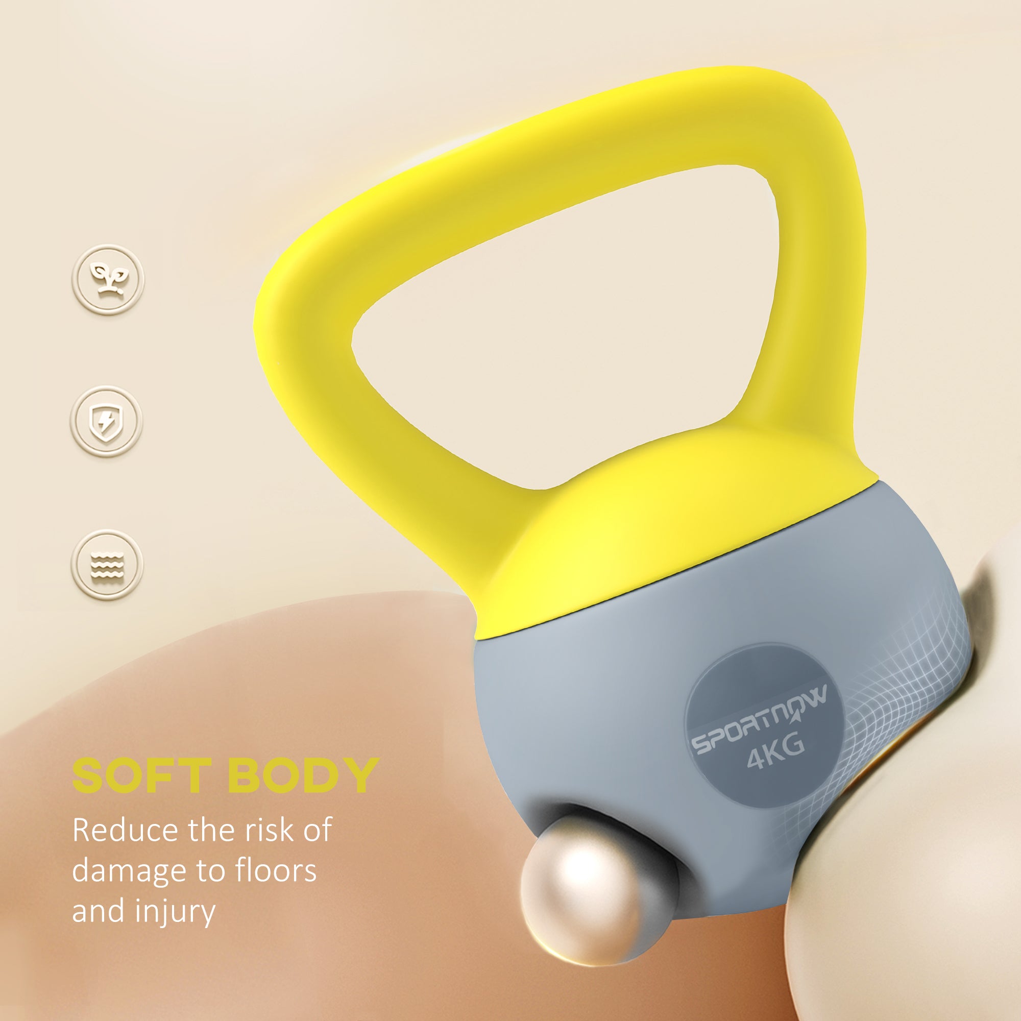 SPORTNOW Soft Kettlebell, 4kg Kettle Bell with Non-Slip Handle for Home Gym Weight Lifting and Strength Training, Yellow and Grey - North Peak Garden Furniture