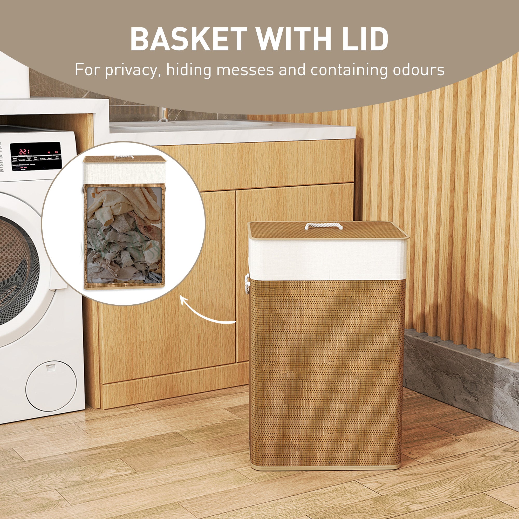 HOMCOM Bamboo Laundry Basket with Lid, 72L Laundry Hamper with Rope Handles, Washing Basket with Removable Washable Liner Bag for Bathroom, Bedroom, Brown - North Peak Garden Furniture