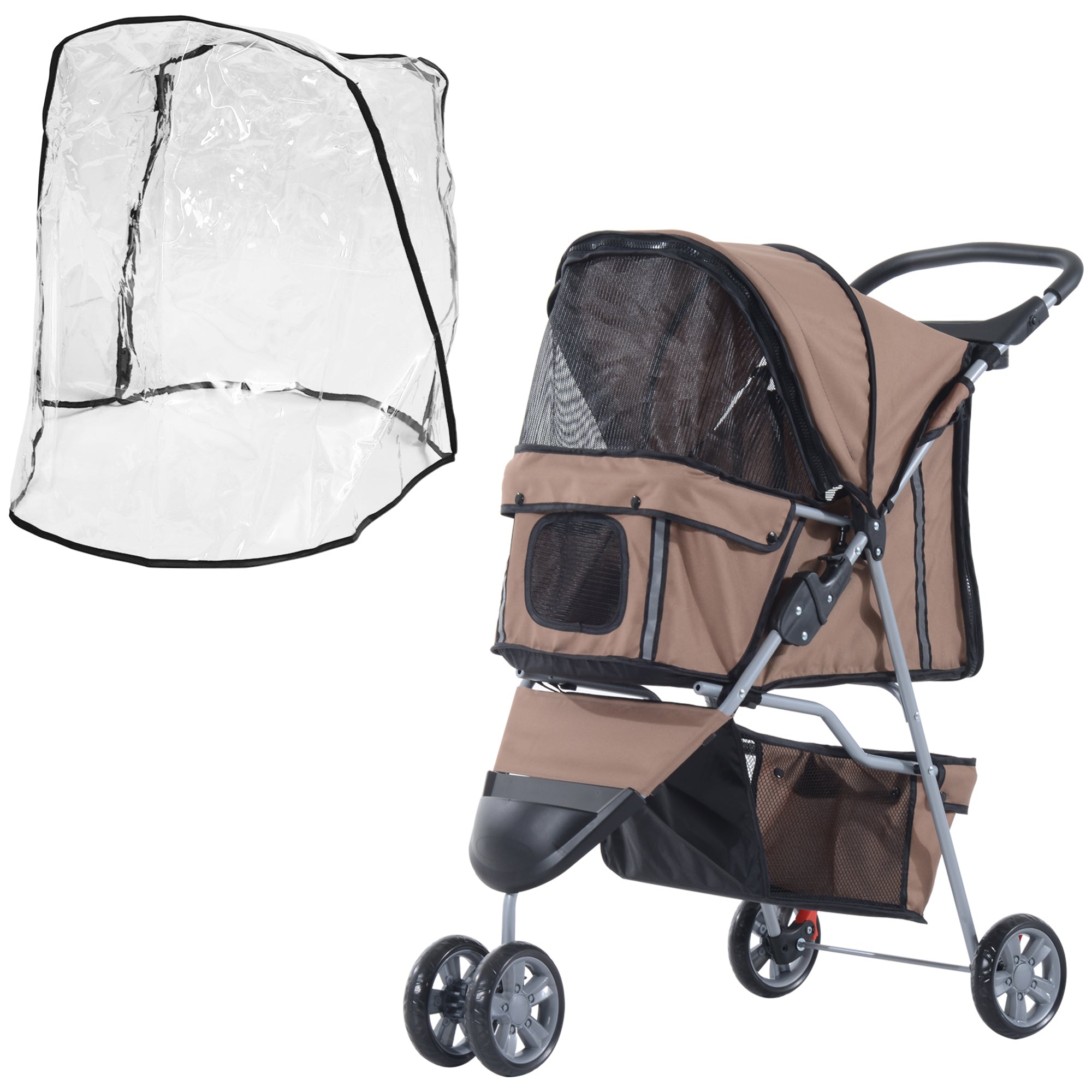 PawHut Dog Stroller with Cover for Small Miniature Dogs, Folding Cat Pram Dog Pushchair with Cup Holder, Storage Basket, Reflective Strips, Brown - North Peak Garden Furniture