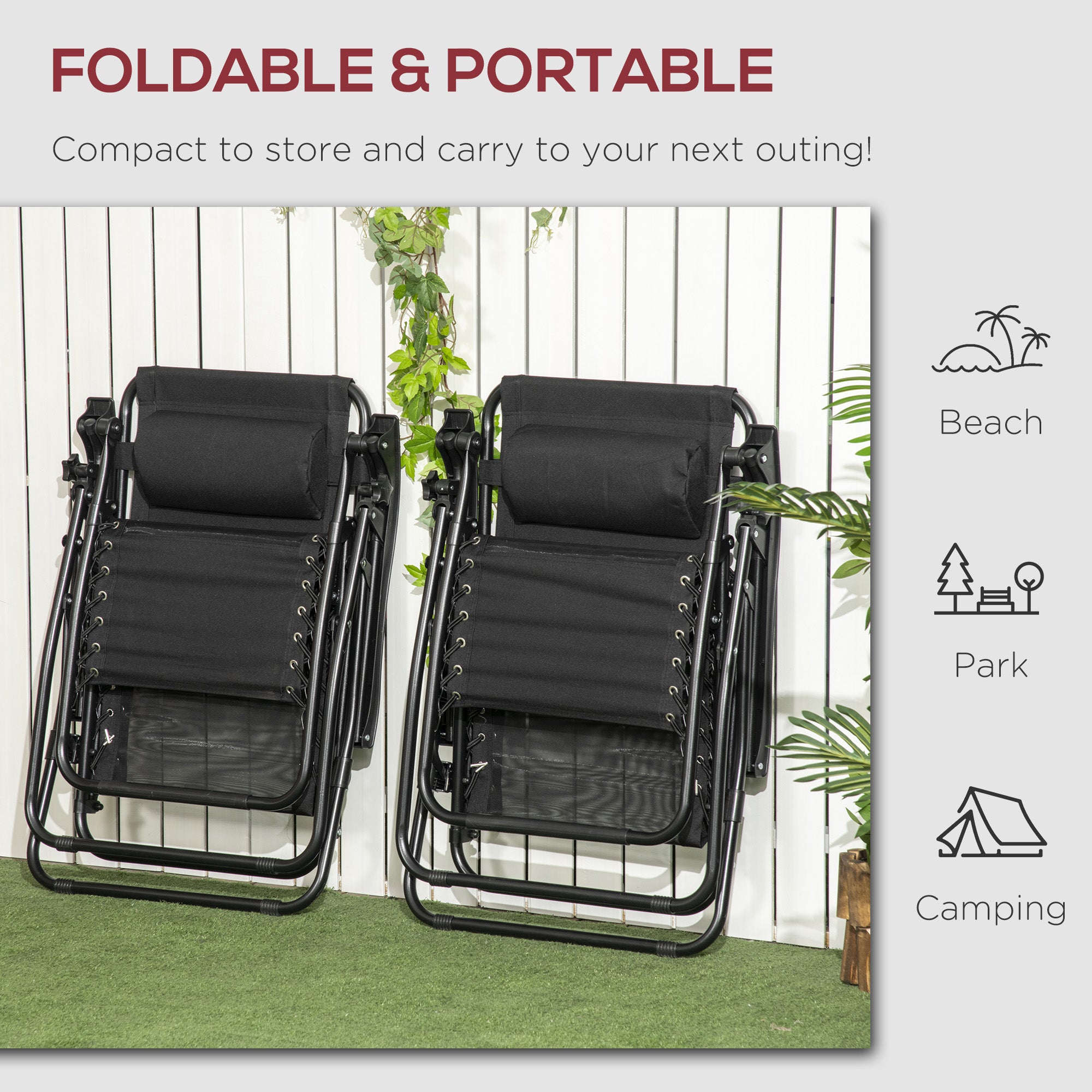 Outsunny Garden Recliner Chairs Set of 2, Outdoor Foldable Zero Gravity Chairs Set w/ Footstool and Detachable Headrest, Black - North Peak Garden Furniture