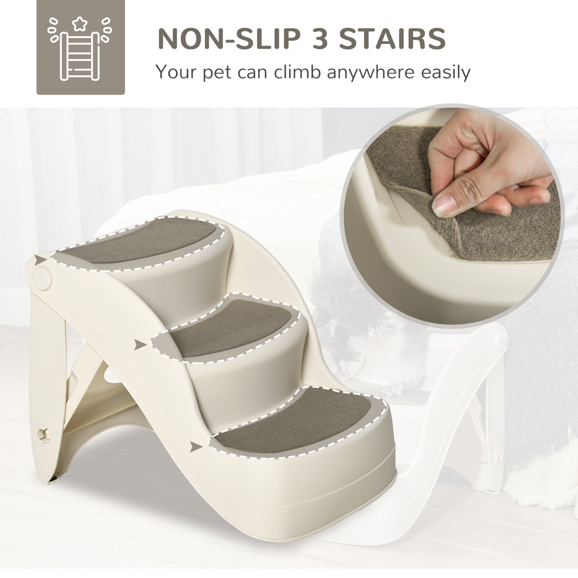 PawHut Foldable Pet Stairs Portable Dog Steps 3-Step Design with Non-slip Mats for High Beds, Sofas, 49 x 38 x 38 cm, Cream - North Peak Garden Furniture
